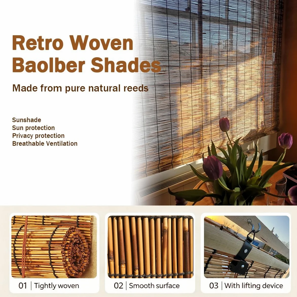 Naturel Store Bambou Enrouleur D'occultation 70% Stores Venitien Bambou Interieur Extérieur pour Fenêtre Porte Imperméables Intimité Rideau de Roseau Rétro Store en Bambou(W140cm x H200cm)