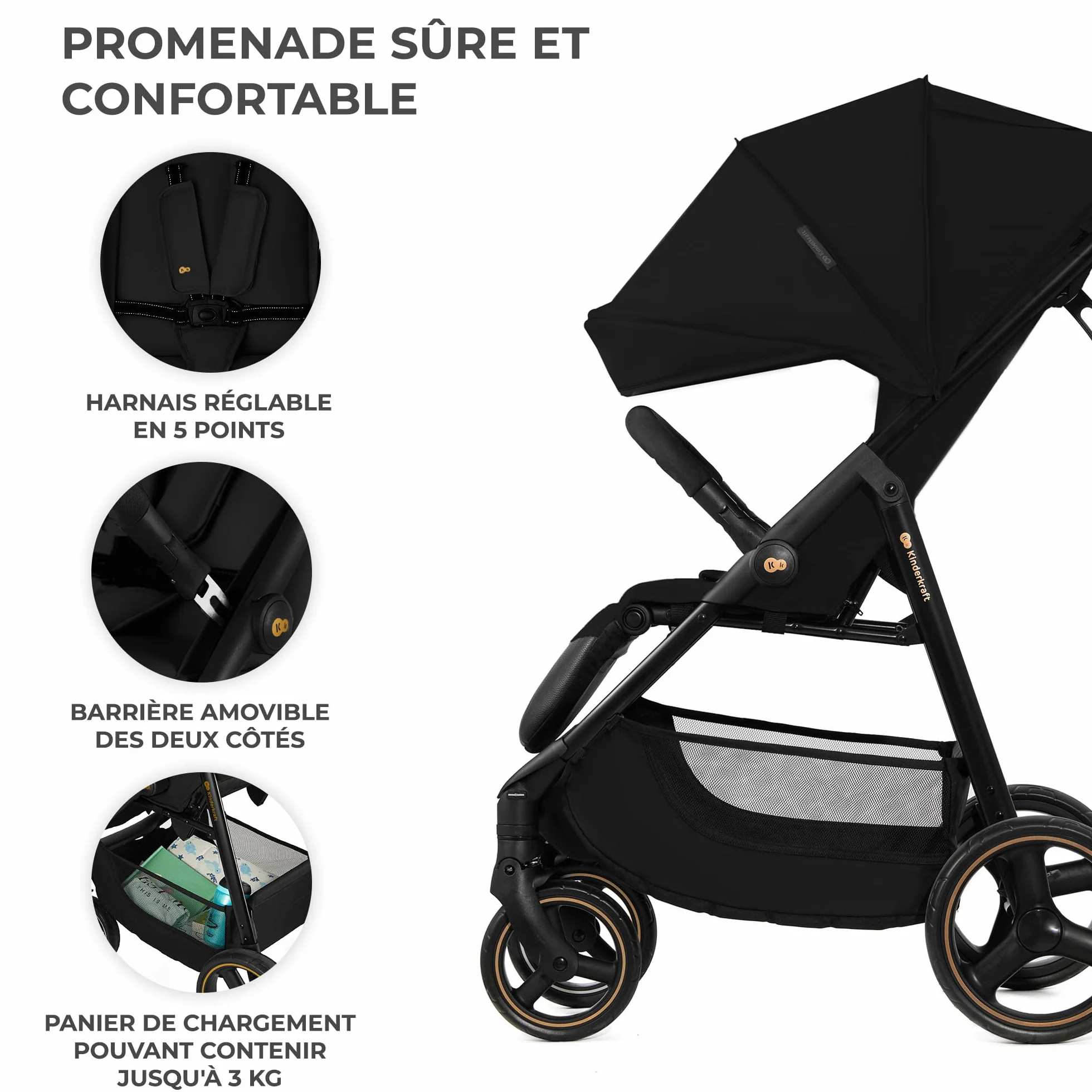 Kinderkraft TRIG 3 Poussette Canne Légère Pliable Noir