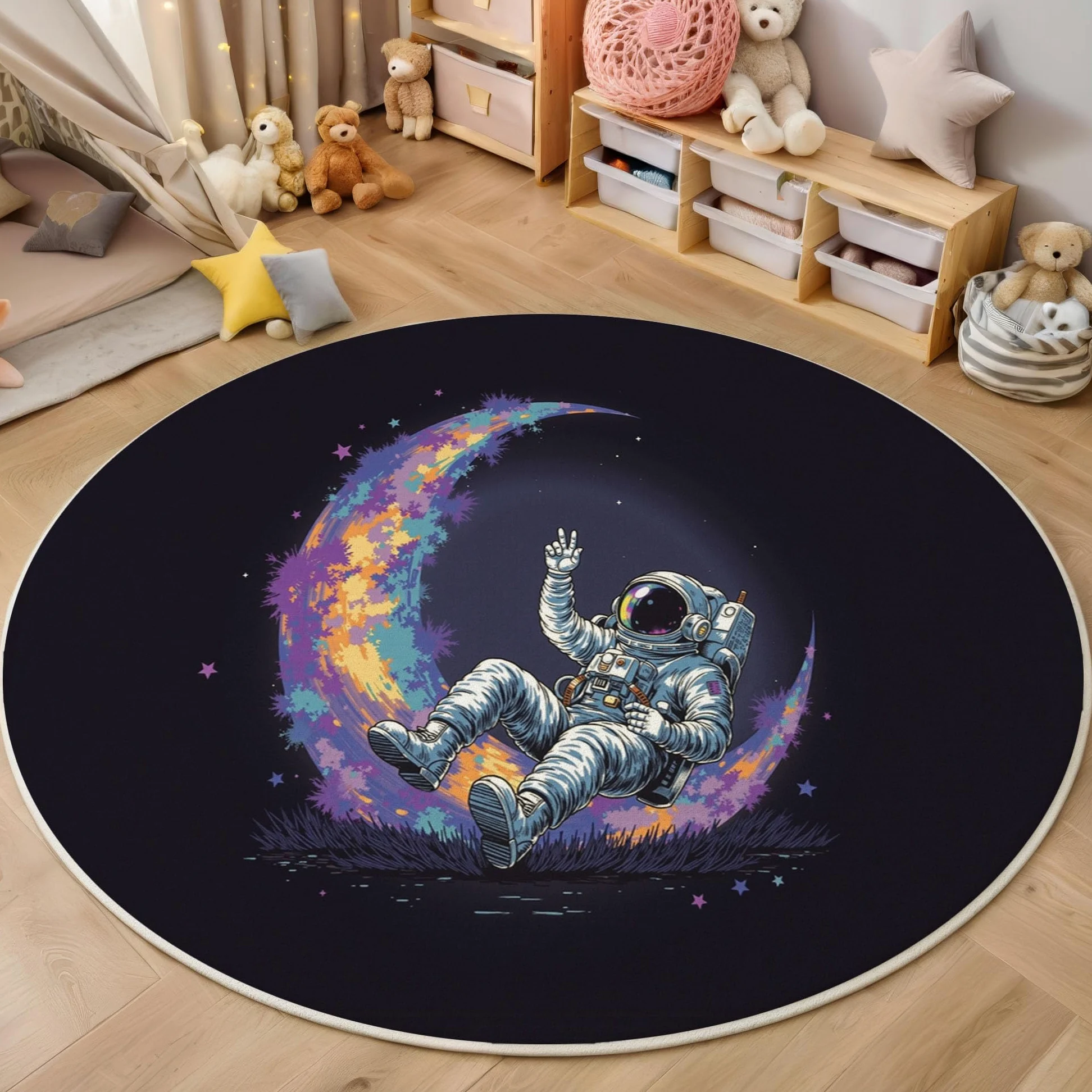 Tapis Rond Aquarelle Lune Astronaute 100 Cm, Lavable En Machine Pour Salon, Ne Perd Pas Ses Poils, Antidérapant | Tapis Affiche Science-Fiction Pour Chambre À Coucher Chambre D'Enfant, Noir Violet