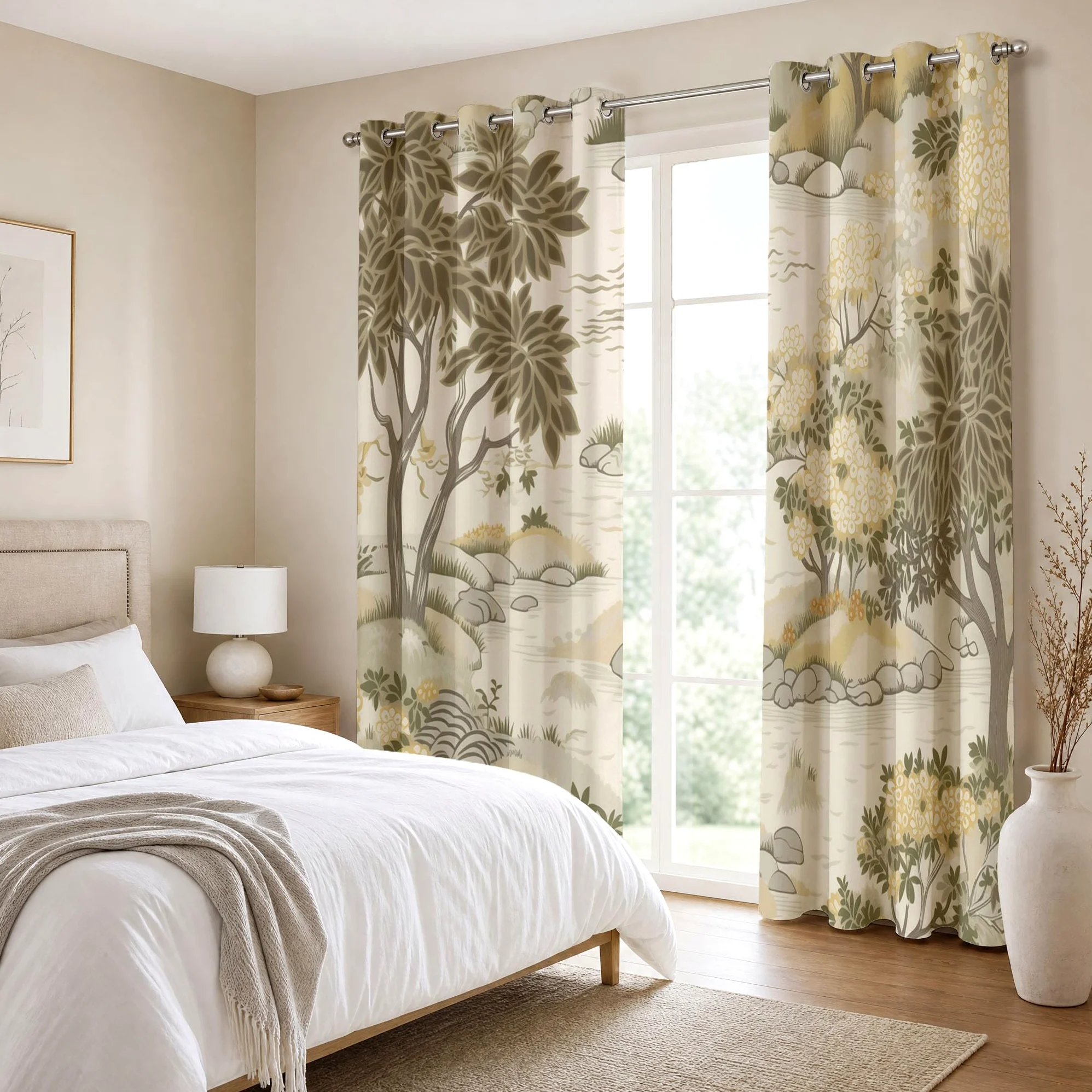 Rideau Occultants Paysage De Jardin Japonais Beige 140X160 Cm (Lxh) | Rideau Opaque Thermiques Plantes Élégantes Rivières Pour Chambre D'Enfant, Lot De 2 Draperies Intérieurs À Oeillets