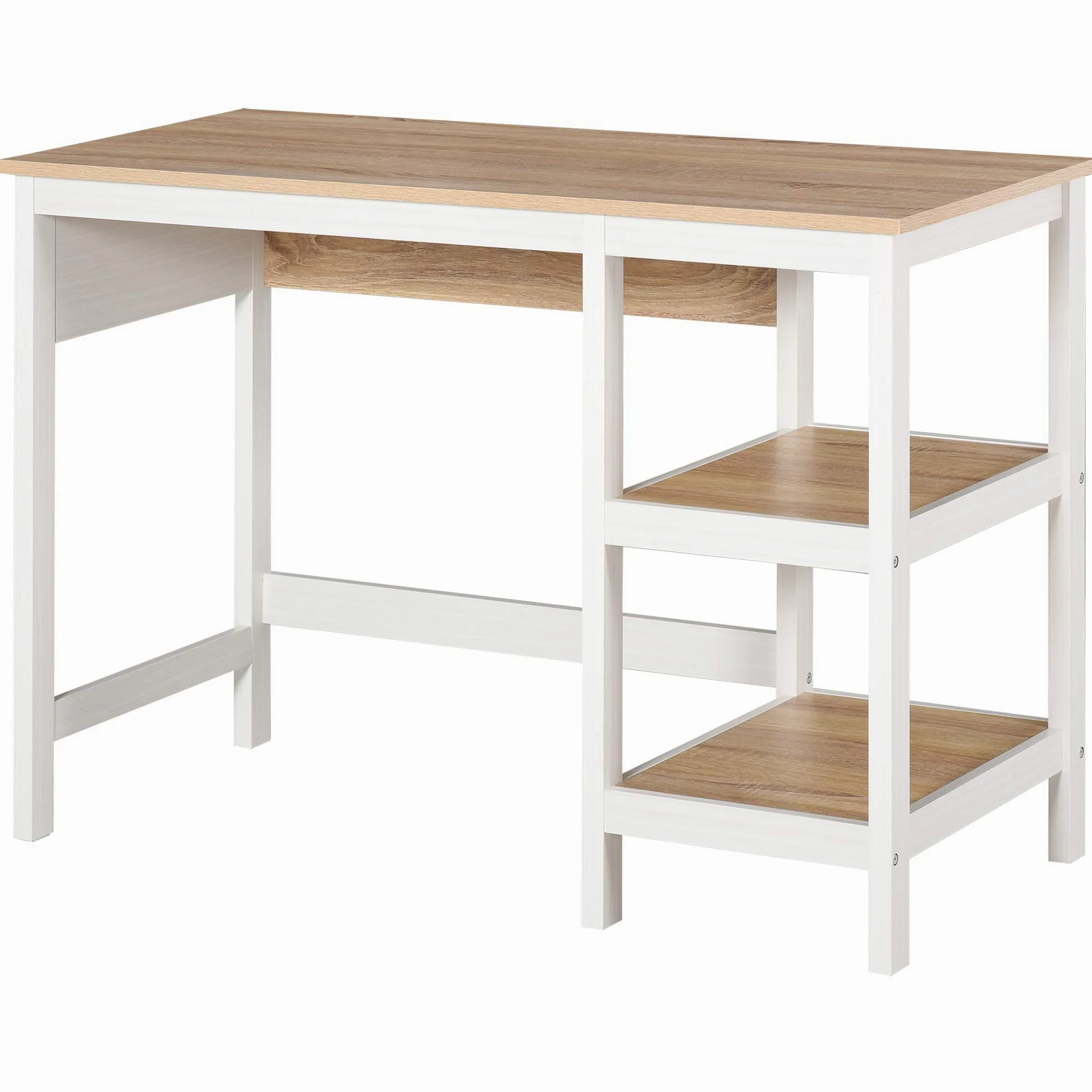 HOMCOM Bureau Informatique Multimédia 110Lx48lx76H cm Chêne Clair Blanc | 2 Étagères Latérales, MDF E1, Bureau Avec Rangement