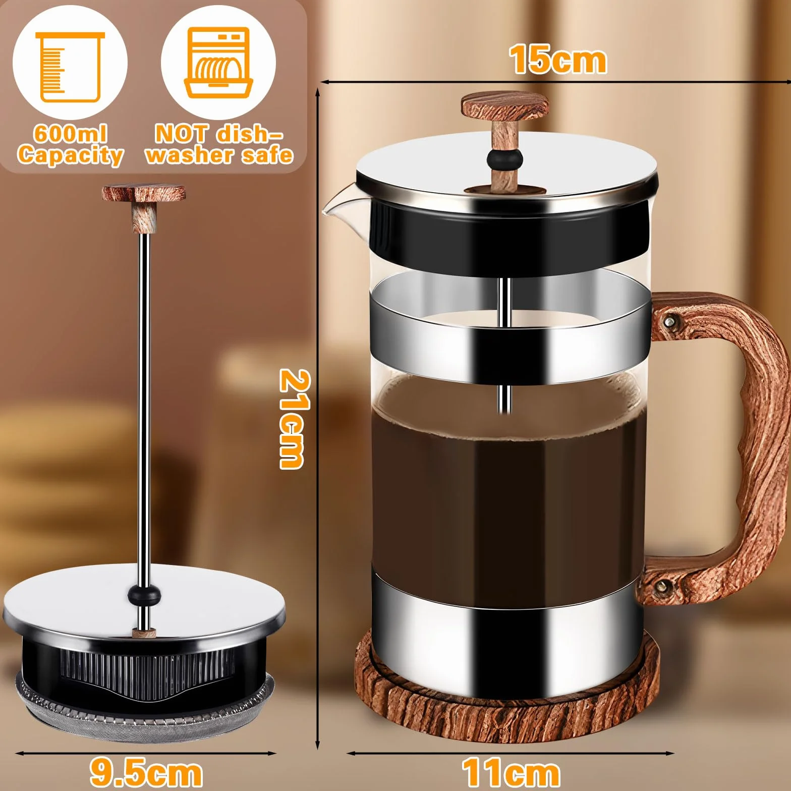 Cafetière à Piston en Verre 1000ML, Presse Française Résistant à la Chaleur avec Filtre en Acier Inoxydable