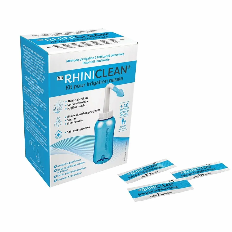 Kit irrigation nasale 1 dispositif 10 sachets sel pharmaceutique made in france lavage nez sinus neti pot douche nasale dès 4 ans