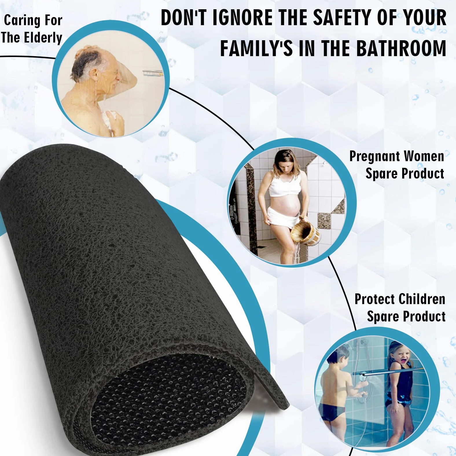 Tapis de douche extra large, antidérapant et sans ventouses - tapis de bain pour surface de baignoire texturée - tapis en luffa à séchage rapide pour douche et salle de bain (60 x 120 cm, noir)