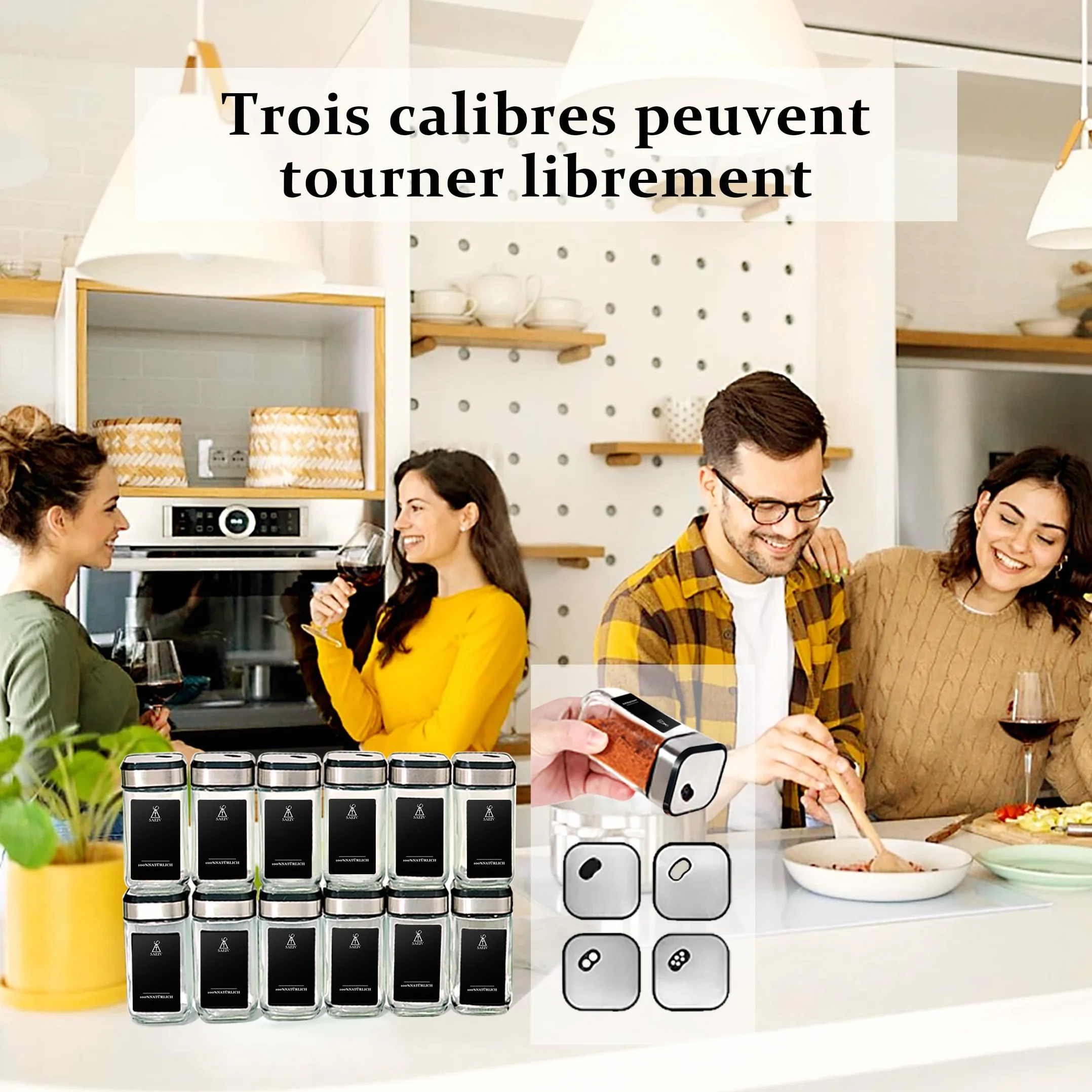 Pot à Épices Set Carré Rotatif 360° 3 Calibres Réglables 12 Coffret 120 ml Verre Rangement Cuisine