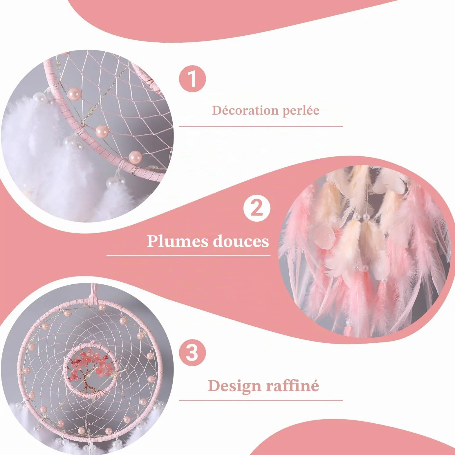 Attrape-rêves rose macramé cristaux résistant UV extérieur décoration bohème
