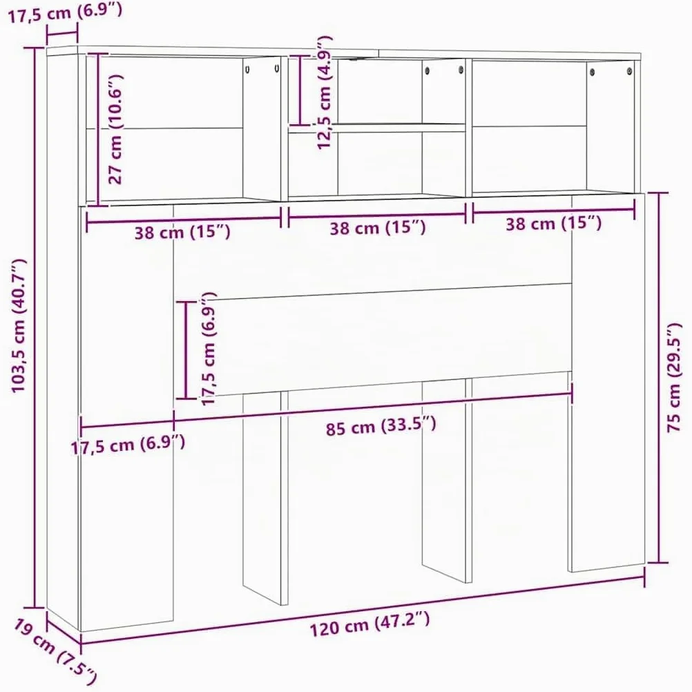 vidaXL Armoire de tête de lit Gris béton 120x19x103,5 cm