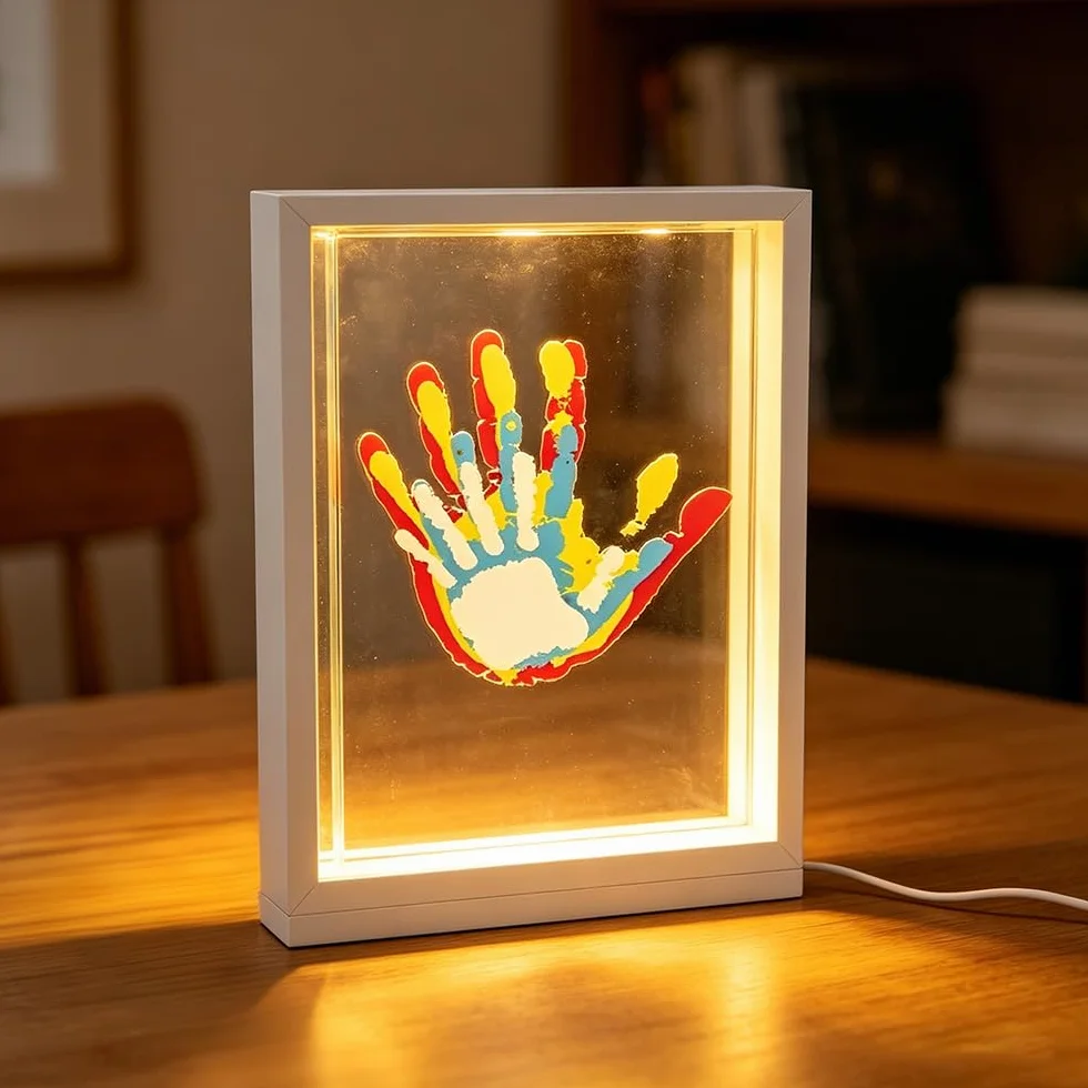Kit d'Empreintes Familiales avec Veilleuse LED et Pigments - Cadre en Bois pour Bébé, Couples - Cadeau Personnalisé (Blanc)
