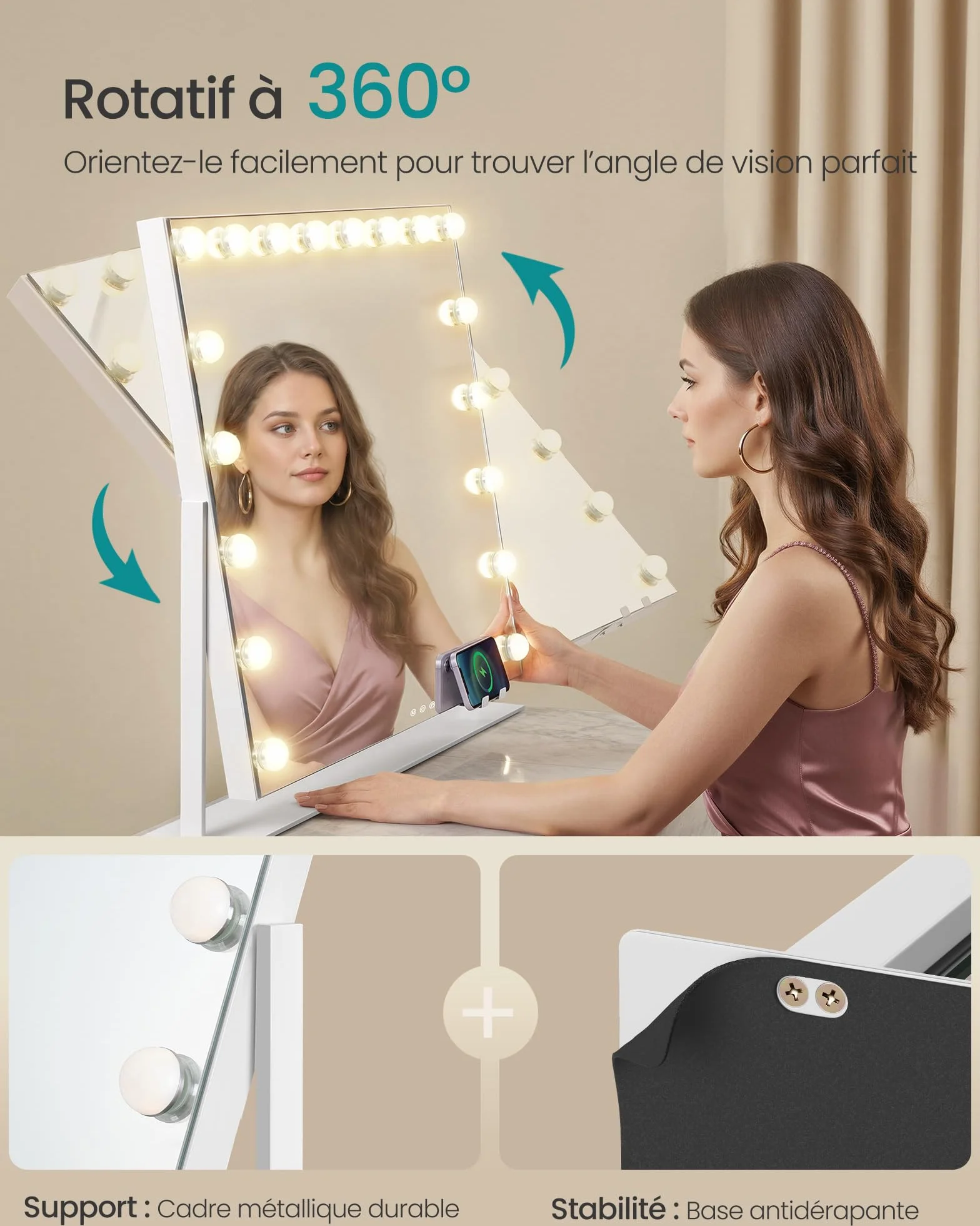 SONGMICS Miroir de Maquillage LED 80x60 cm 18 Ampoules 10x Grossissant Détachable 3 Températures