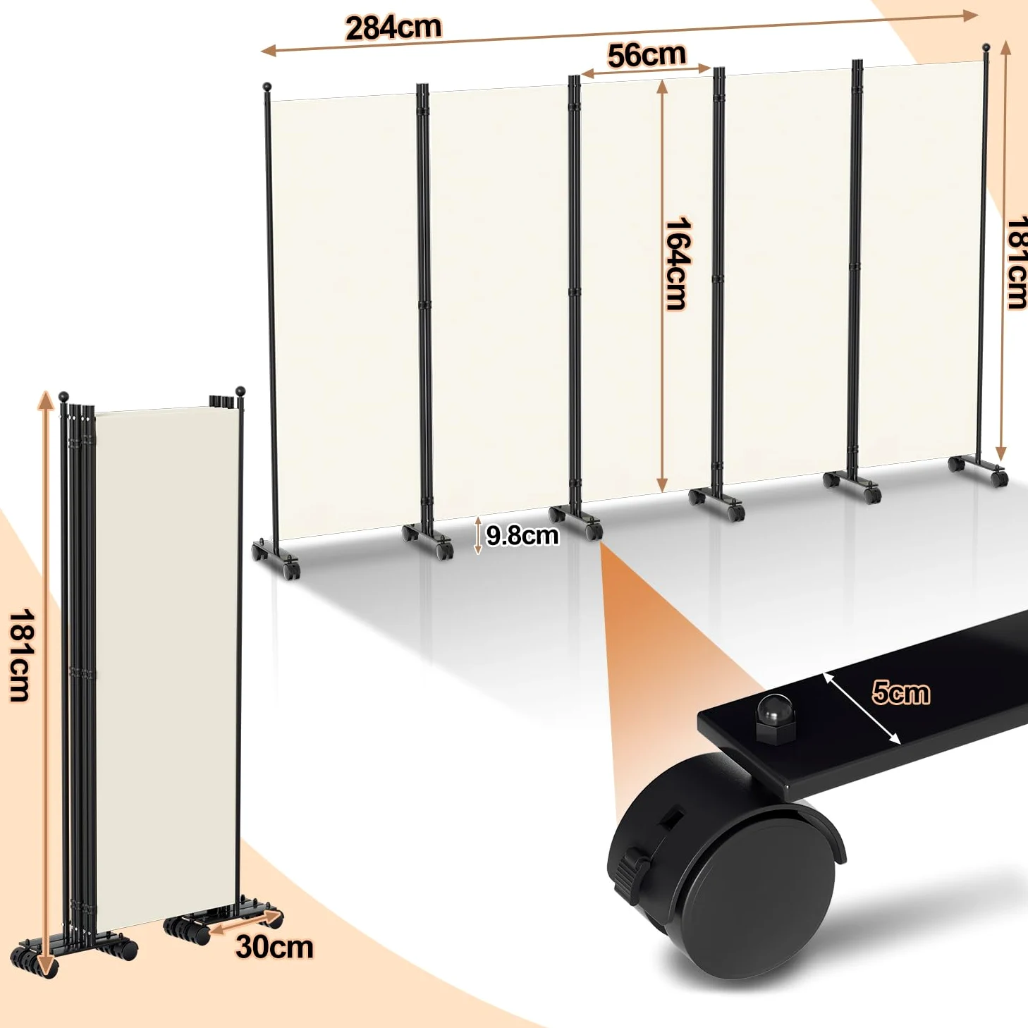 Paravent séparateur de pièce, pliable, autonome, en 5 parties, sur roulettes, brise-vue, cloison pour jardin, bureau, terrasse, 284 x 181 x 30 cm, blanc