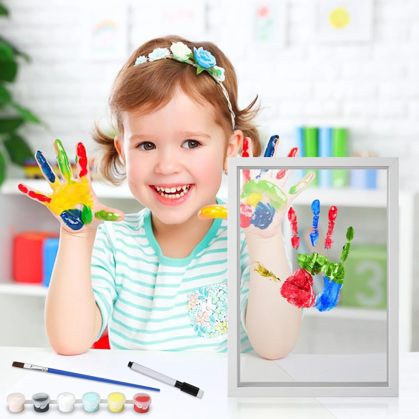 Kit d'Empreintes de Mains Familiales, Cadre en Bois Souvenir Artisanal, Coffret Cadeau, Peintures Non Toxiques, Feuilles Transparentes (Blanc)