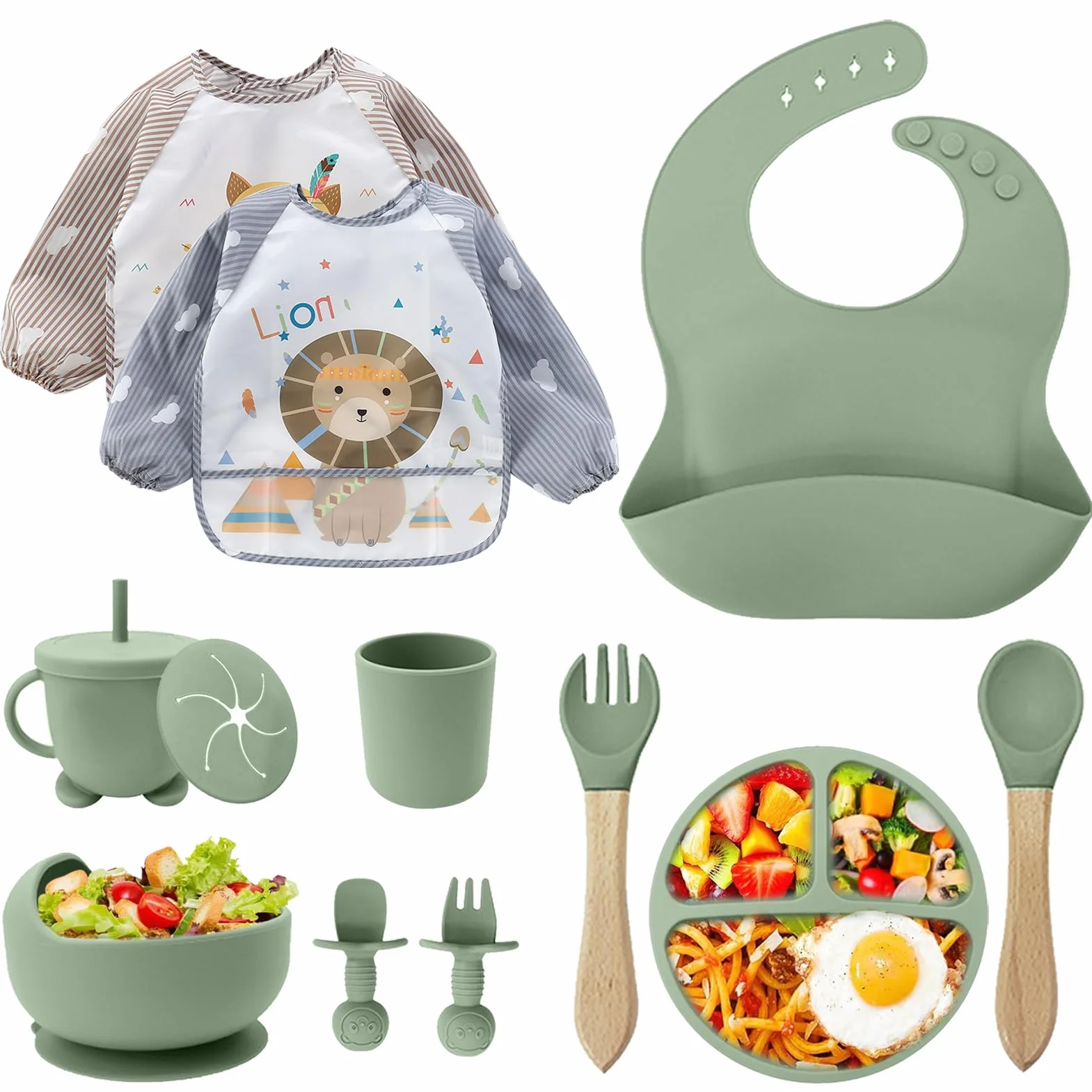 Assiette Bébé Lot de 12 Set Repas Bébé Bol Cuillère Bavoir Silicone Assiette Ventouse Enfant Set Couverts Vaisselle Sevrage