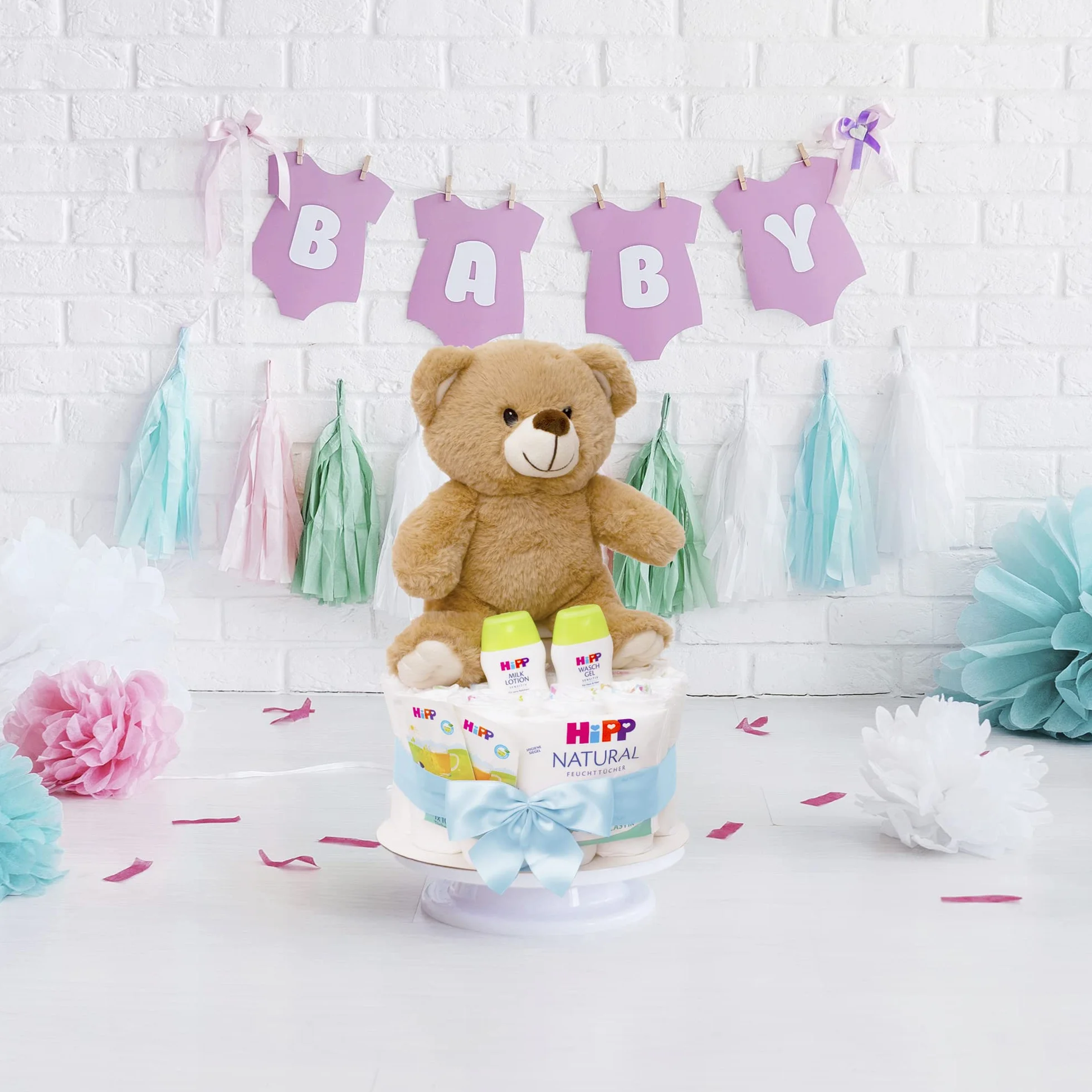 MilaBoo® Gâteau de couches bleu garçon avec petit ourson tout doux cadeau de naissance personnalisé