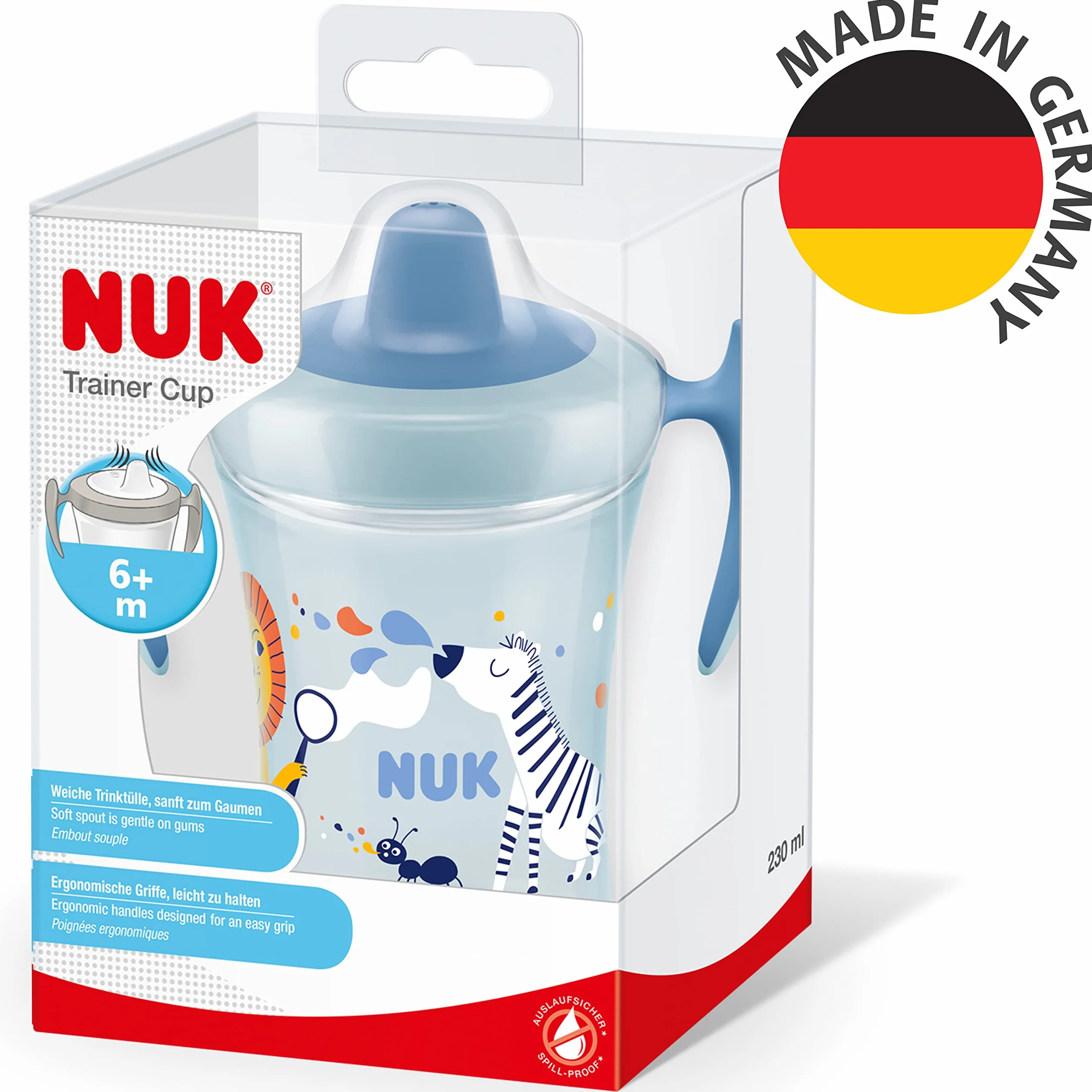NUK Trainer Cup tasse d'apprentissage embout souple antifuite 230ml 6+ mois zèbre bleu
