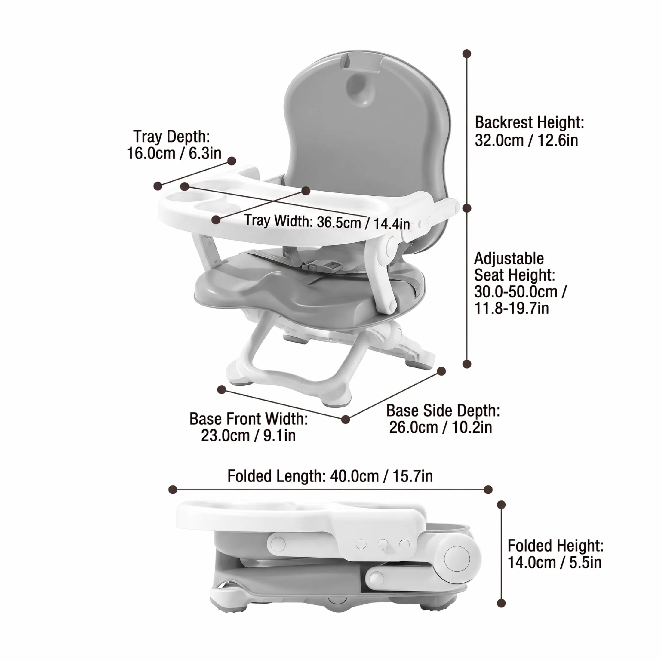 Chaise haute portable pliable rehausseur gris | Pliable pour les voyages, deux plateaux en plastique, adapté aux tout-petits, idéal pour une utilisation en extérieur