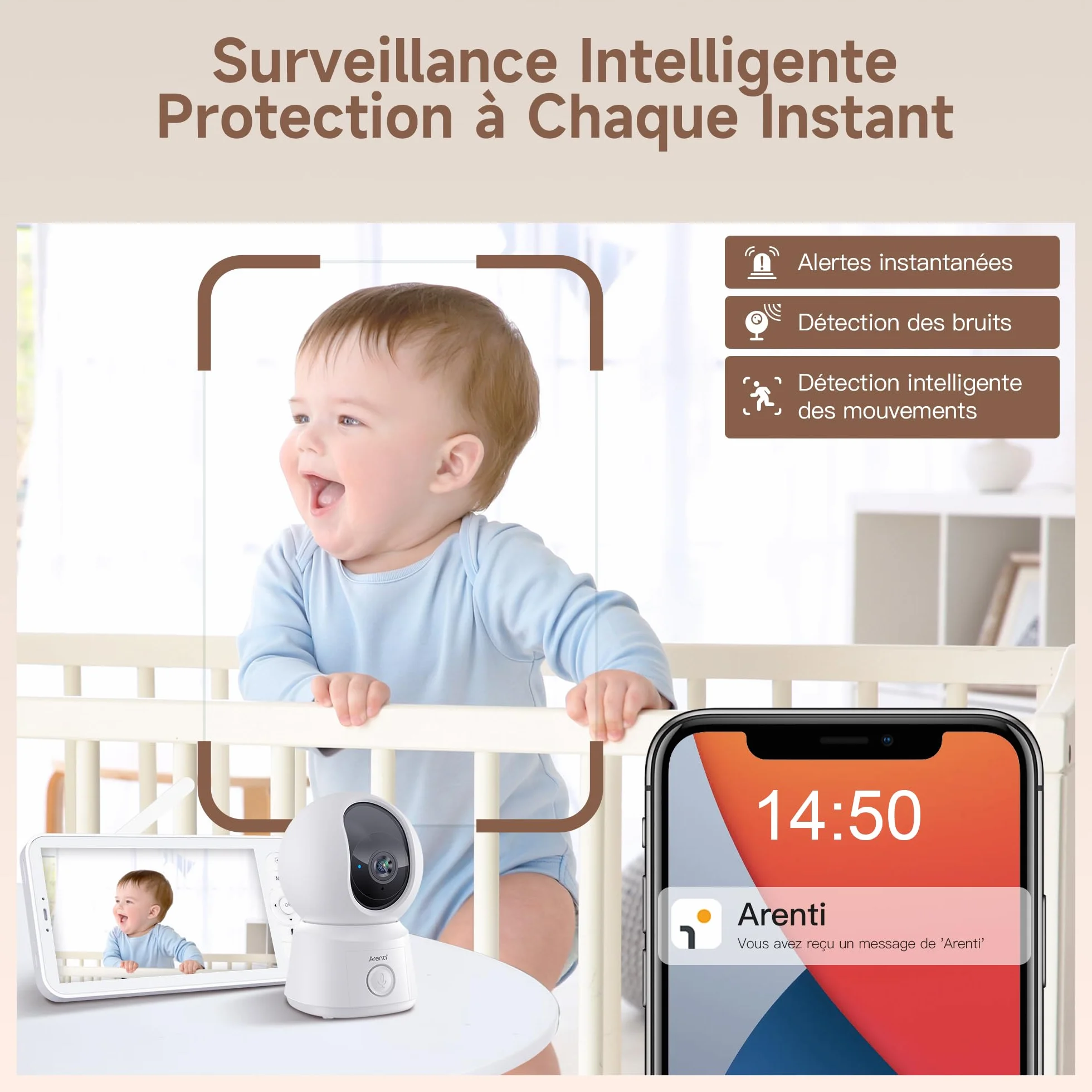 ARENTI Babyphone Camera Bébé, Moniteur Vidéo avec VOX, Détection de Température, Vision Nocturne, Suivi Automatique