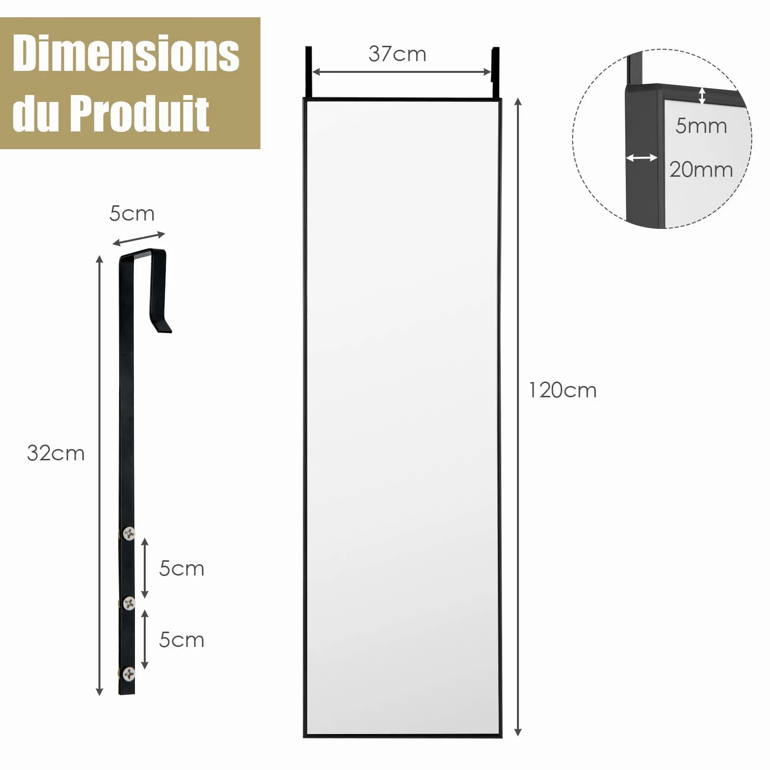 COSTWAY Miroir 120 x 37 cm Au-Dessus de la Porte, Miroir Pleine Longueur Cadre en Alliage d'Aluminium et Verre Incassable, Crochets pour Vestiaire Chambre Salon (Noir)