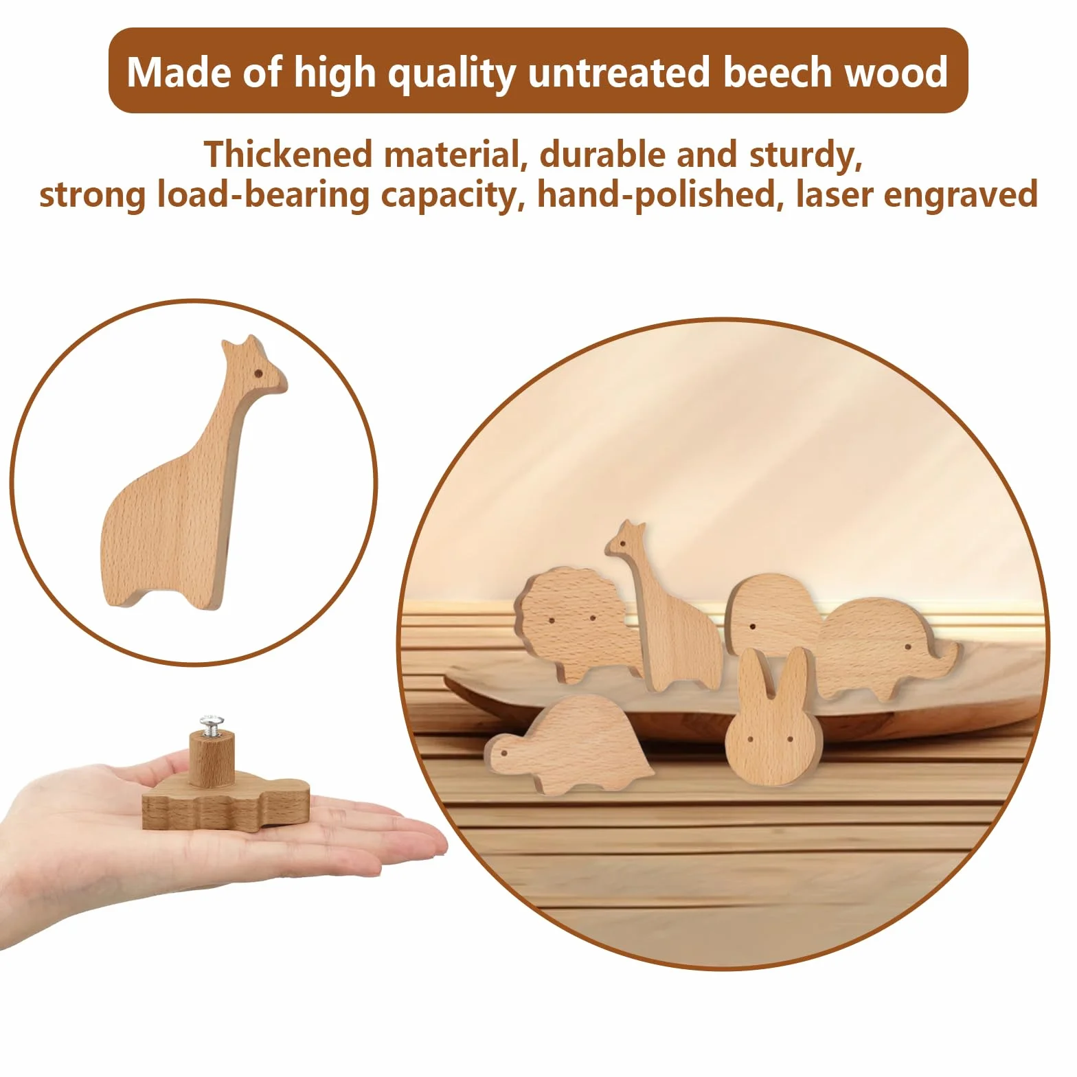 Boutons de Tiroir en Bois Massif, 6 Pièces Poignées de Meubles en Bois Pour Animaux, Boutons de Porte d'Armoire