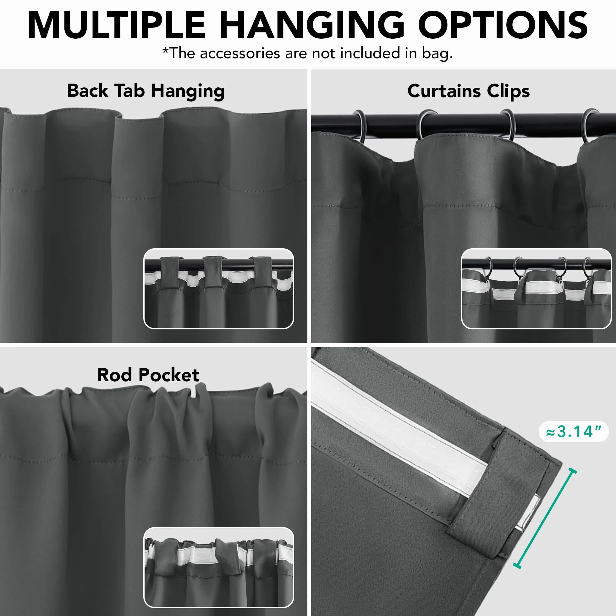 Deconovo Rideaux occultants, Opaques, avec Bandes froncées, Rideaux Thermiques 3 en 1, Chambre à Coucher, 2 Pièces140×300 CM (Largeur x Hauteur) Gris Foncé
