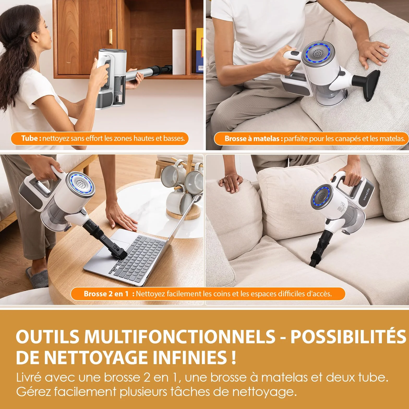 VersLife Aspirateur Balai sans Fil 30Kpa 30 Min Autonomie 4 en 1 sans Sac Poils Animaux Tapis Sols Blanc
