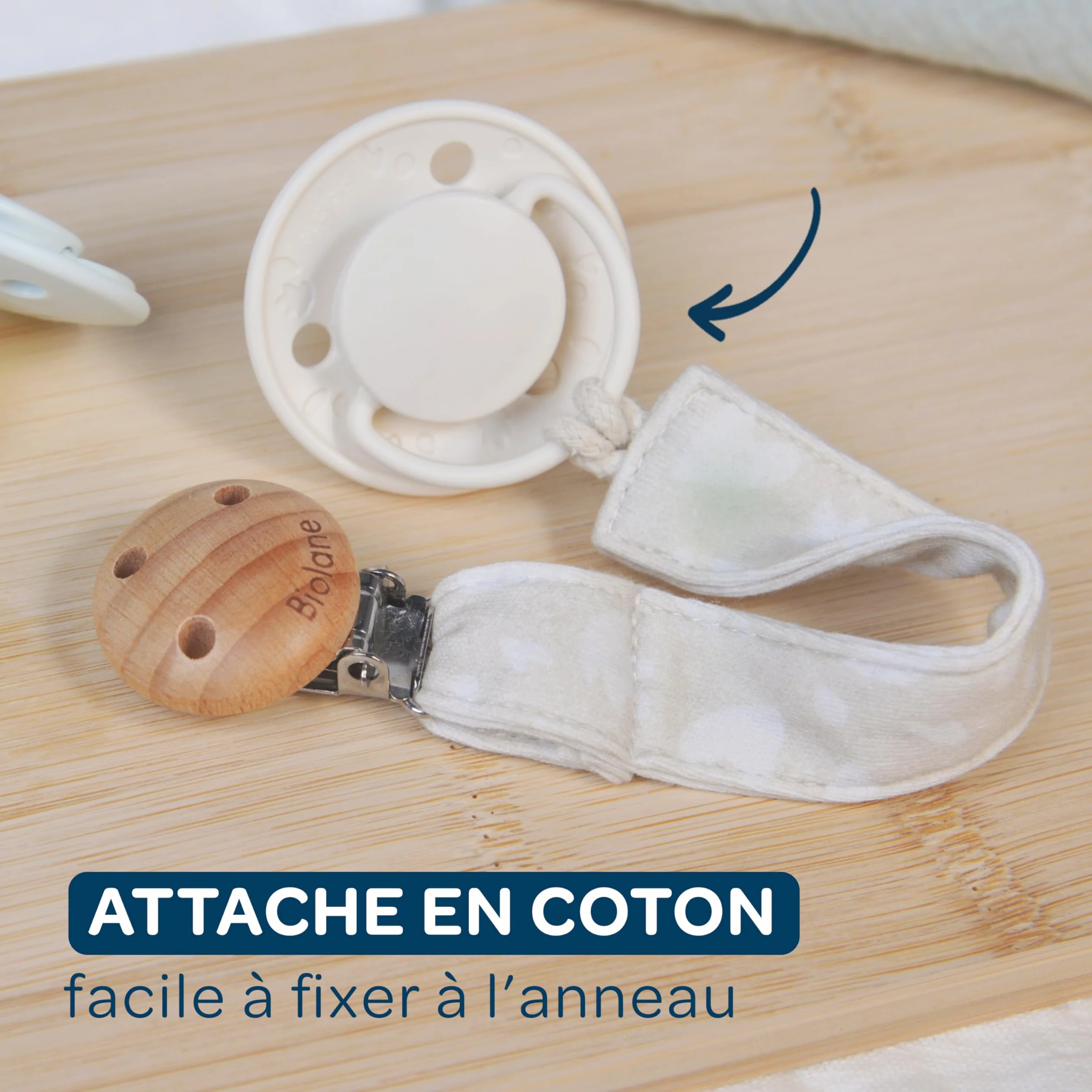 BIOLANE Attache tétine bébé 100% coton beige double sécurité anti-glisse