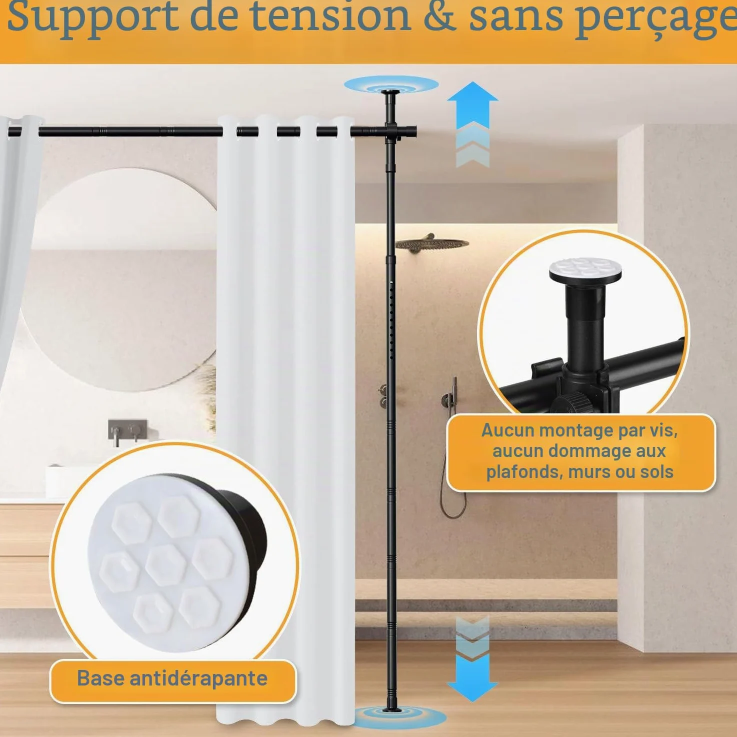 Séparateur de pièce sans perçage, tringle de rideau réglable comme structure de paravent, séparateur d'espace autonome sans rideau, L 70-177 cm x H 122-305 cm, protection des regards pour salon