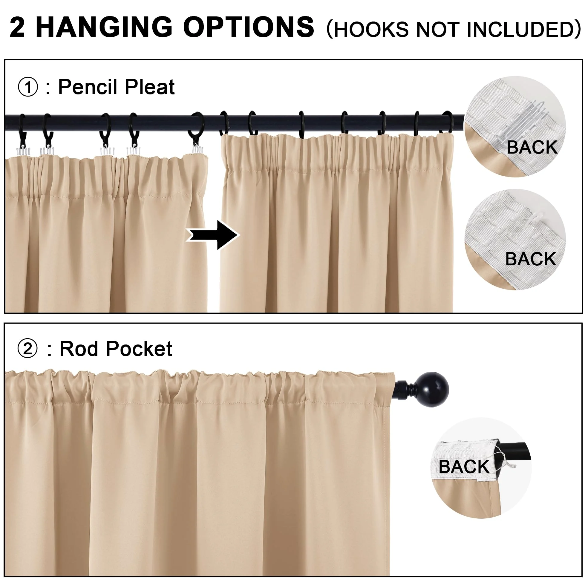 Hiasan Rideaux Occultants avec Galon Fronceur, 245 x 140cm (L x H), Beige | Thermiques et Protection anti Froid, Opaques pour Salon et Chambre à Coucher avec Embrasses, 2 Pieces