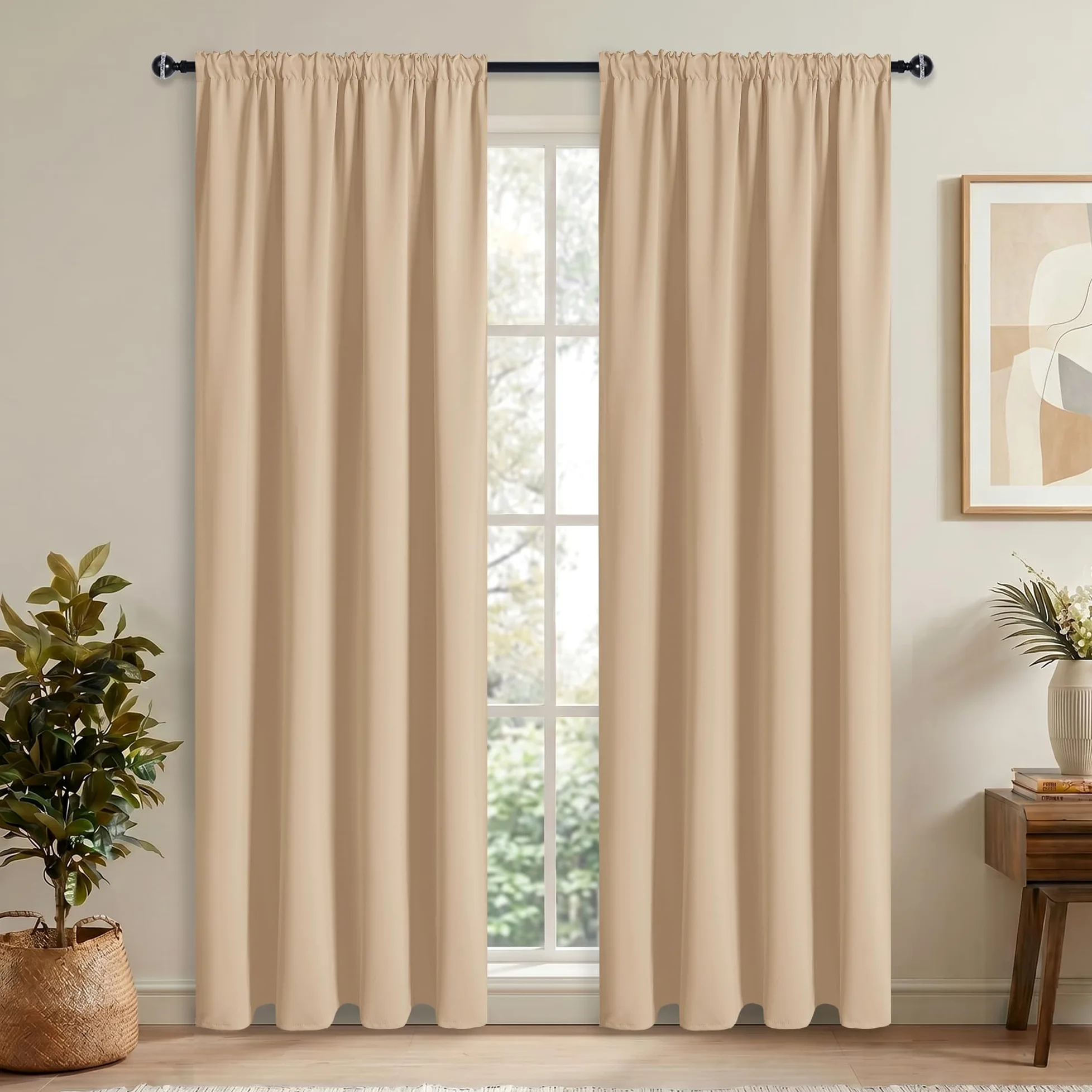 Hiasan Rideaux Occultants avec Galon Fronceur, 245 x 140cm (L x H), Beige | Thermiques et Protection anti Froid, Opaques pour Salon et Chambre à Coucher avec Embrasses, 2 Pieces