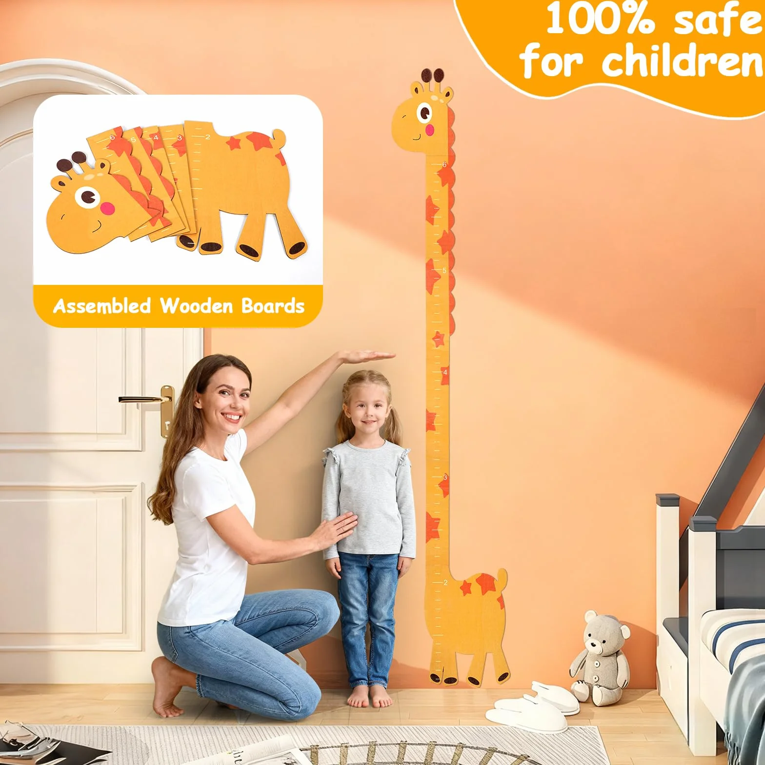 Toise pour enfants 180 cm en bois personnalisable girafe jaune décoration murale