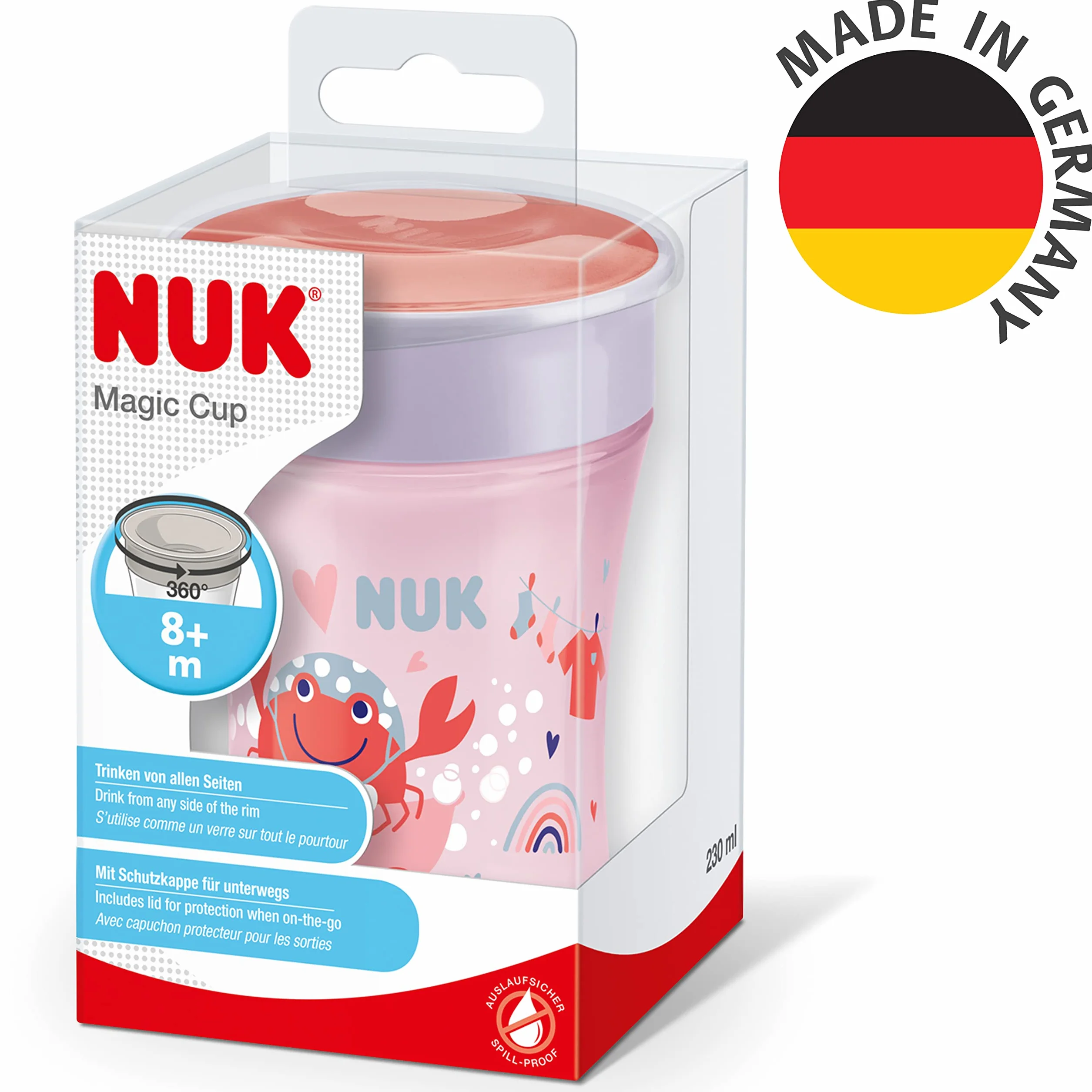 NUK Magic Cup Tasse d'Apprentissage 230 ml 8+ mois Bordure 360° antifuites Crabe Rouge
