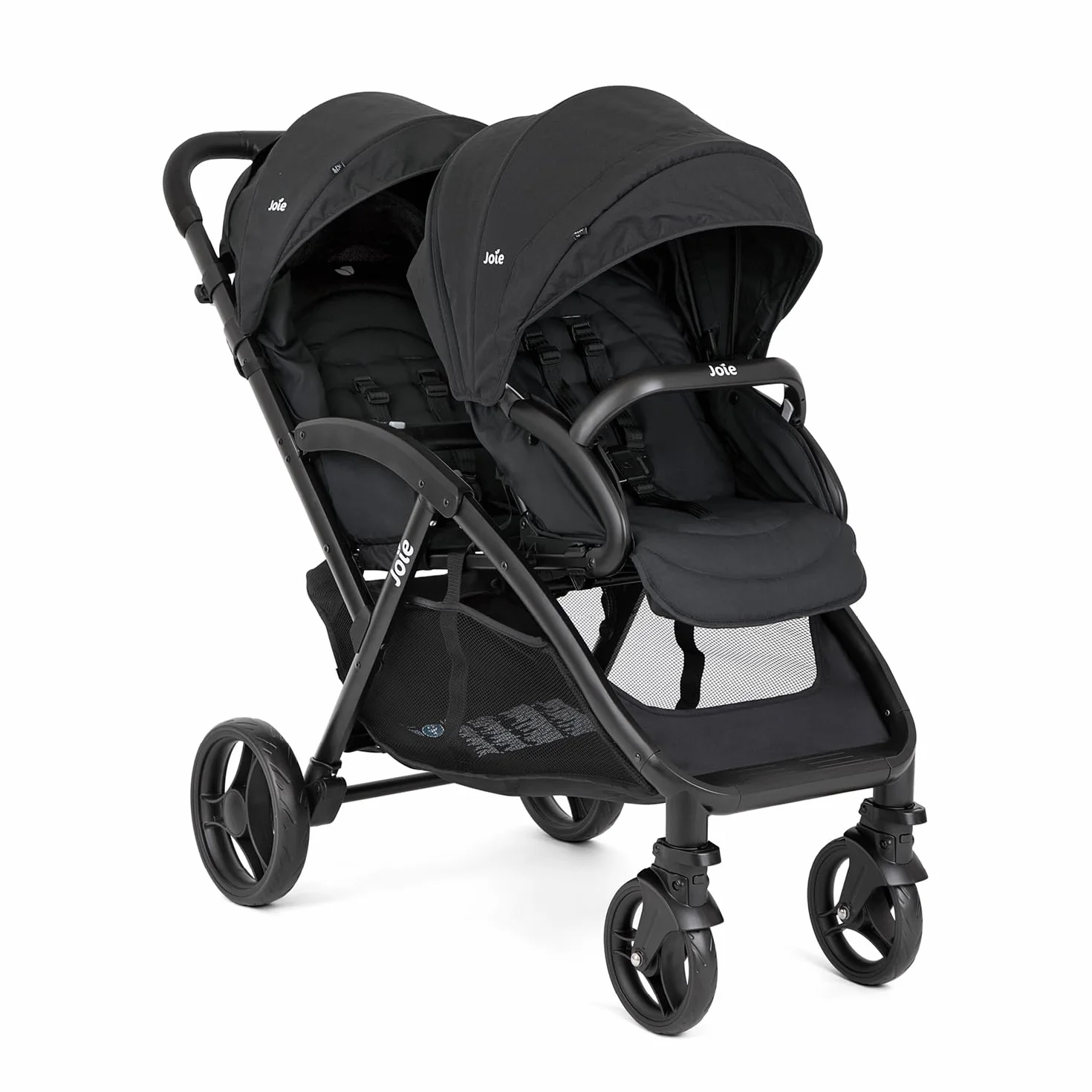 Joie EVALITE DUO Poussette Double Légère Naissance à 15 kg Pliage Compact 1 Main Compatible Coque Siège Arrière Ultra Légère 10,5 kg Grand Panier Habillage pluie inclus Shale