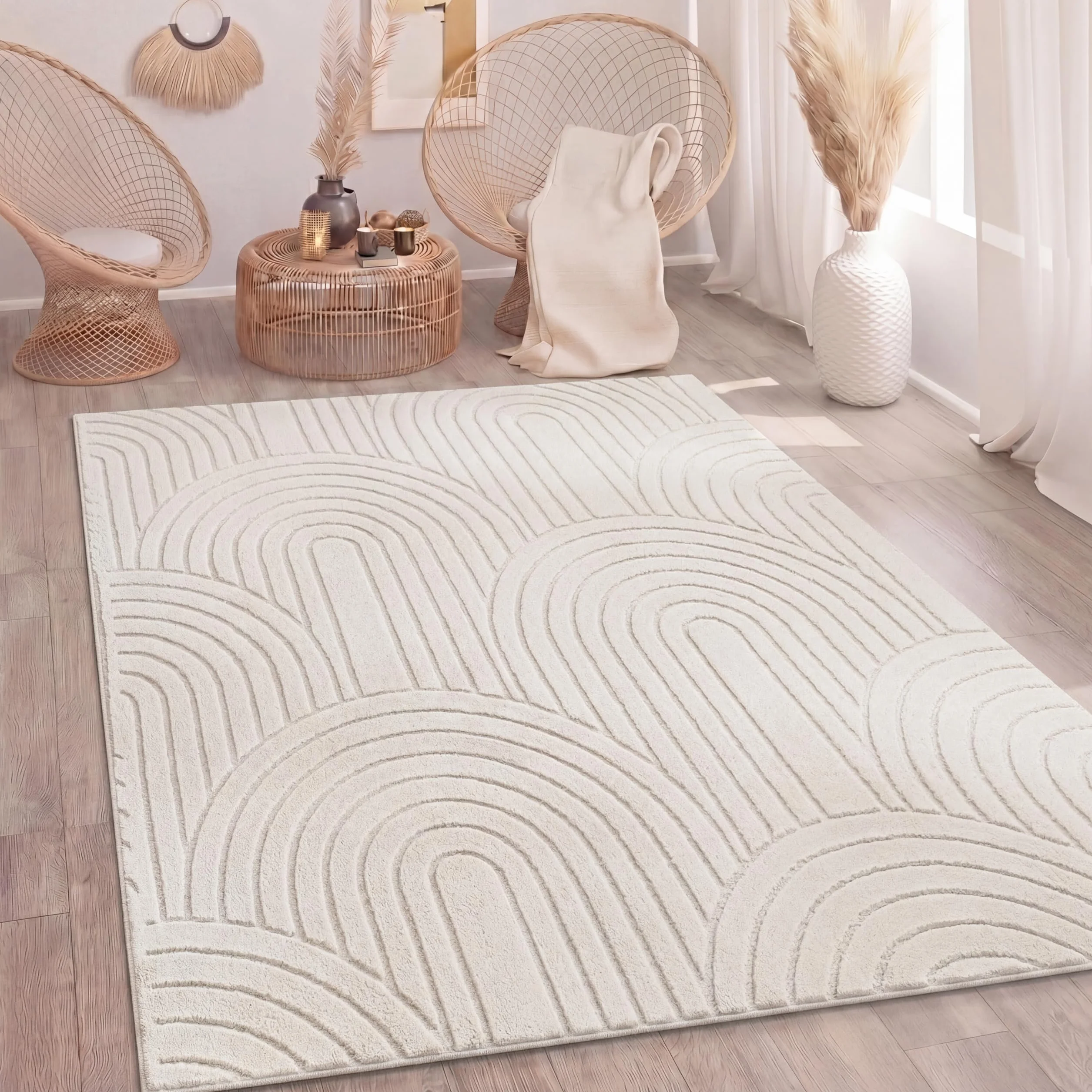 Paco Home Tapis Salon Chambre Poil Long Shaggy Motif Scandinave Boho Arc-en-Ciel Lavable Beige Crème 120x160 cm