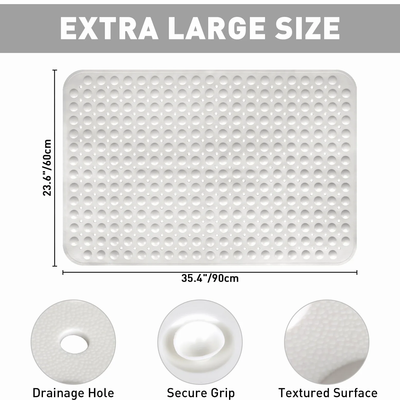 Tapis de douche antidérapant : tapis de douche extra large en TPE pour l'intérieur – Tapis de douche antidérapant mat avec trou de drainage et ventouses pour personnes âgées