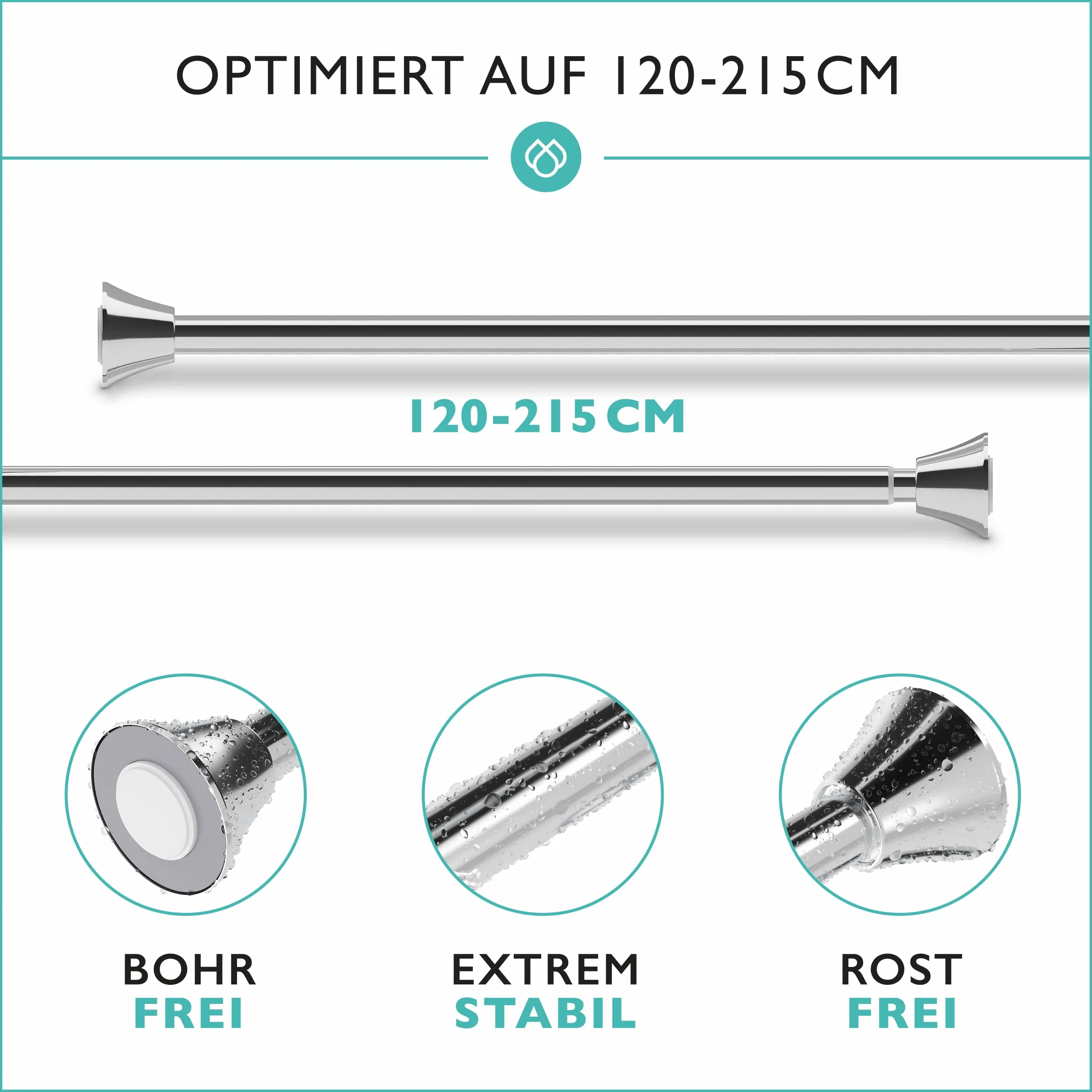 Tringle à rideau de douche télescopique sans perçage avec 12 anneaux, stable, 120 à 215 cm, sans perçage, en acier inoxydable, pour douche et baignoire