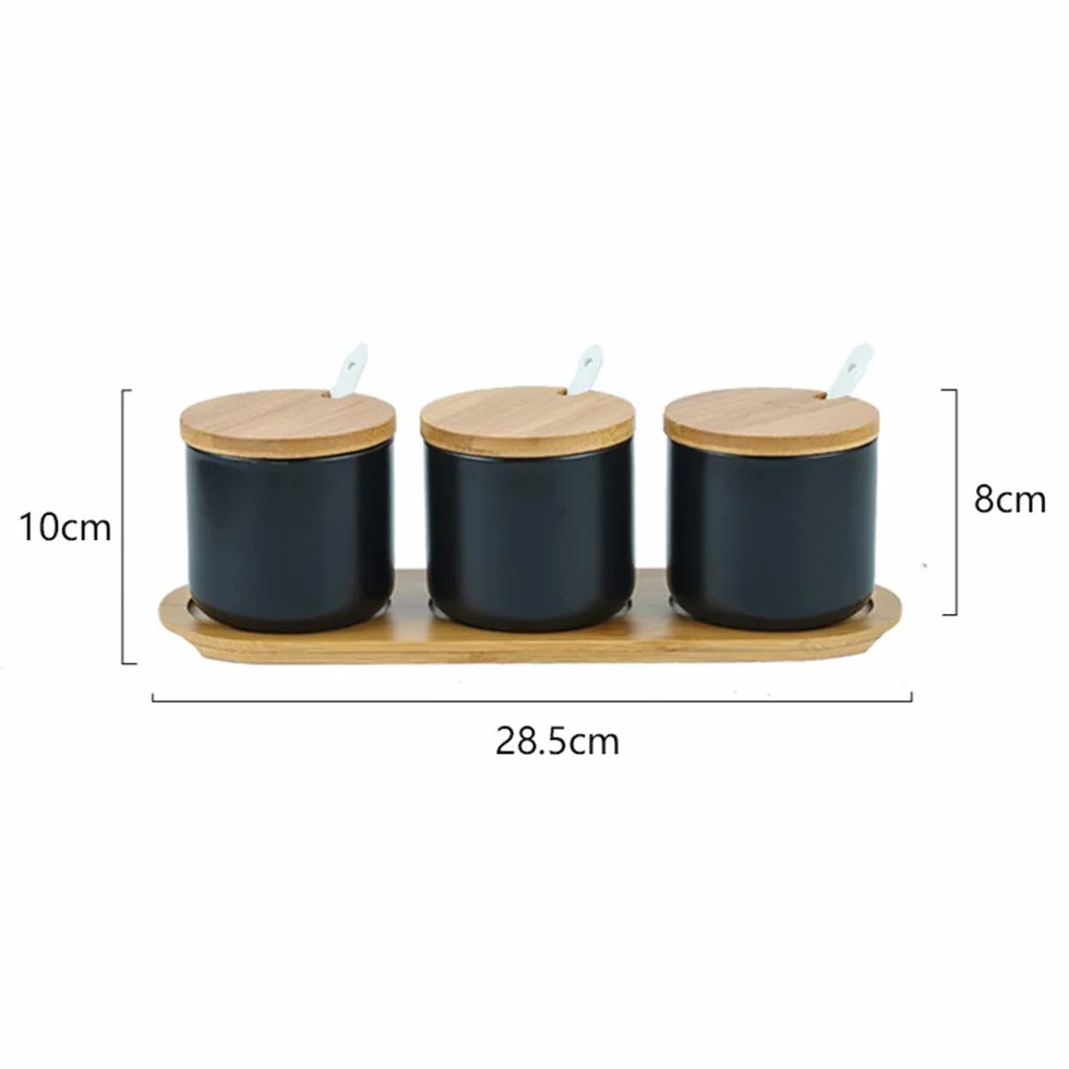 Lot de 3 Céramique Sucrier Rond Seasoning Containers Pot à épices Sel Spice Jar avec Cuillère Plateau Bambou