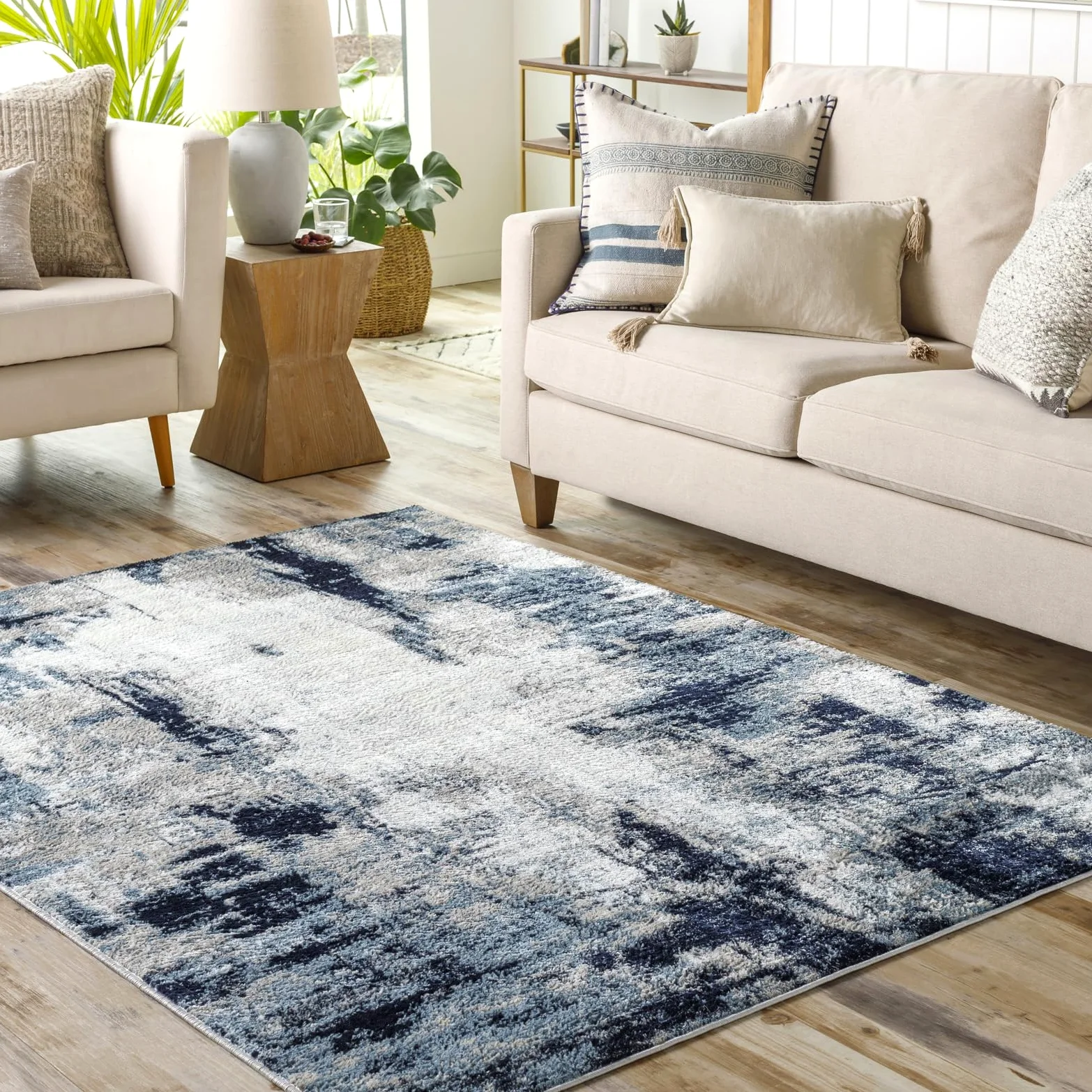 Livabliss Helsinki Wohnzimmer Modern – Abstrakt Design in Marmor Optik für Wohnzimmer 120x170 cm, Esszimmer, Schlafzimmer - Marmor e groß, weicher Kurzflor in Blau, Weiß und Grau