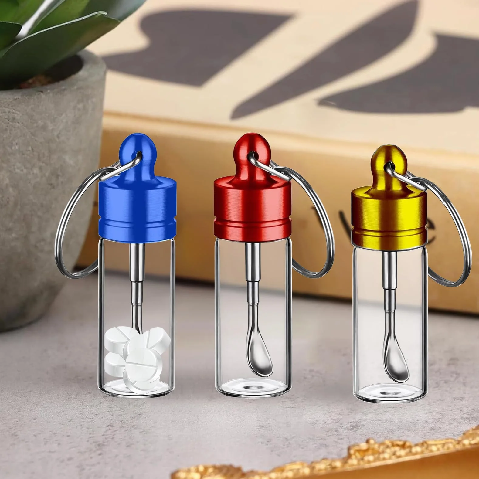 Mini Bouteille Verre Lot de 3 6cm avec Anneau pour Épices, Sucre, Rouge Or Bleu