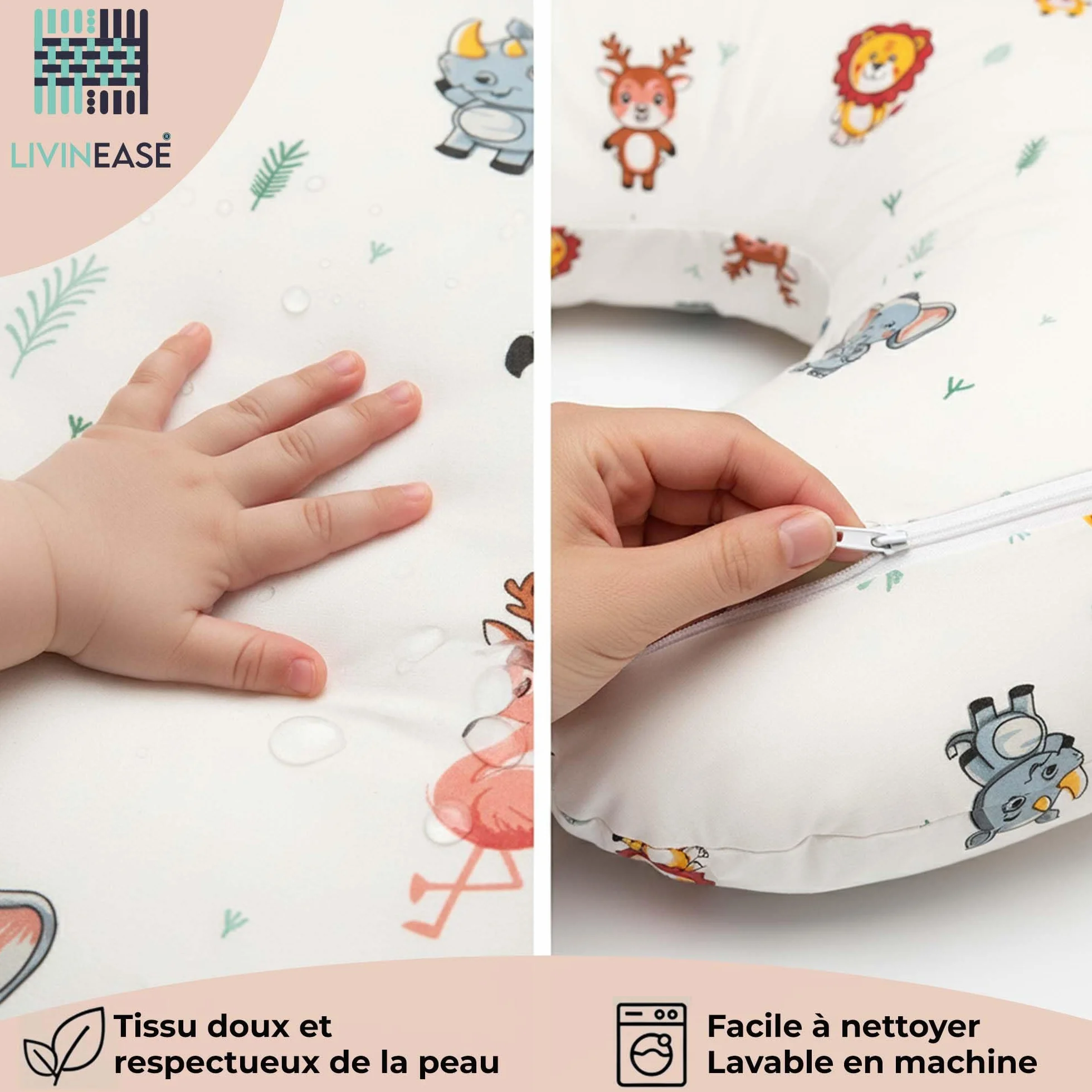 LivinEase Coussin d'allaitement 100% coton certifié OEKO-TEX housse lavable Jungle
