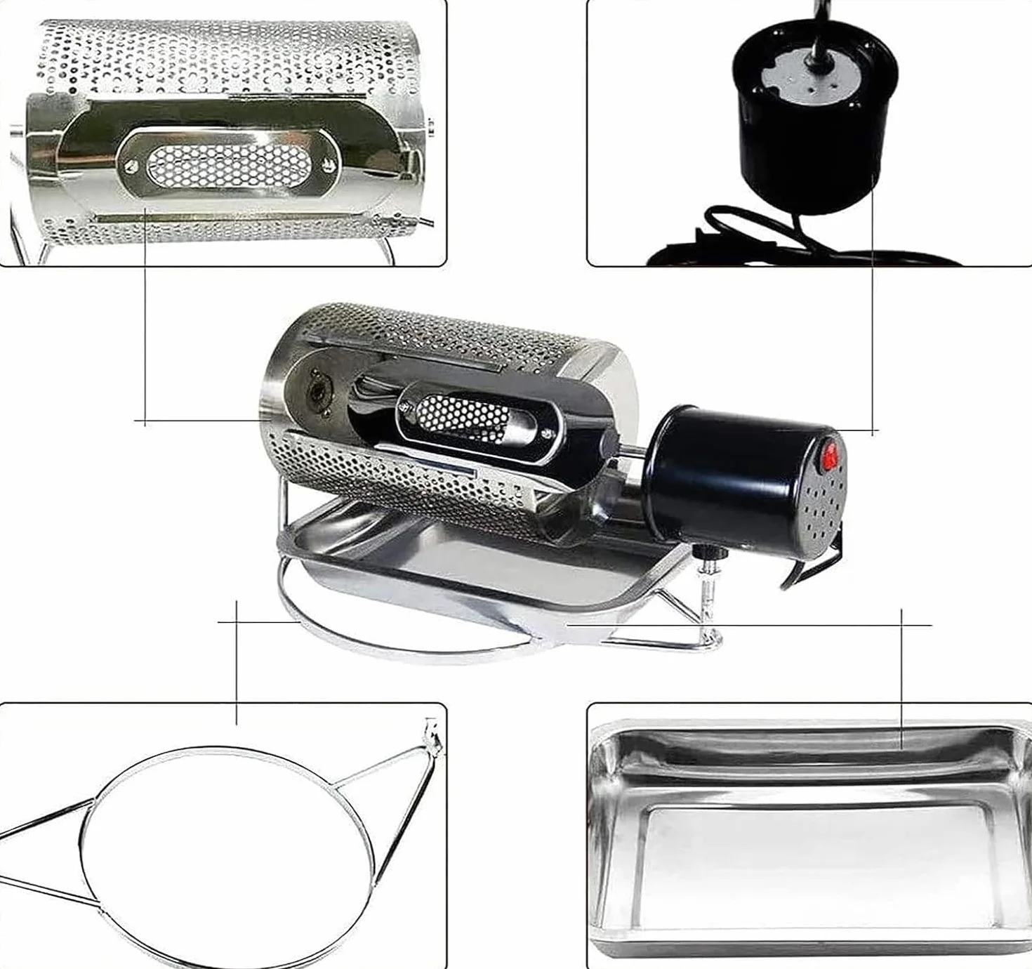 Torréfacteur de Grains de Café en Acier Inoxydable, Domestique, Capacité 100-250g, Fenêtre Visible, Plateau Inox, Chauffage Uniforme
