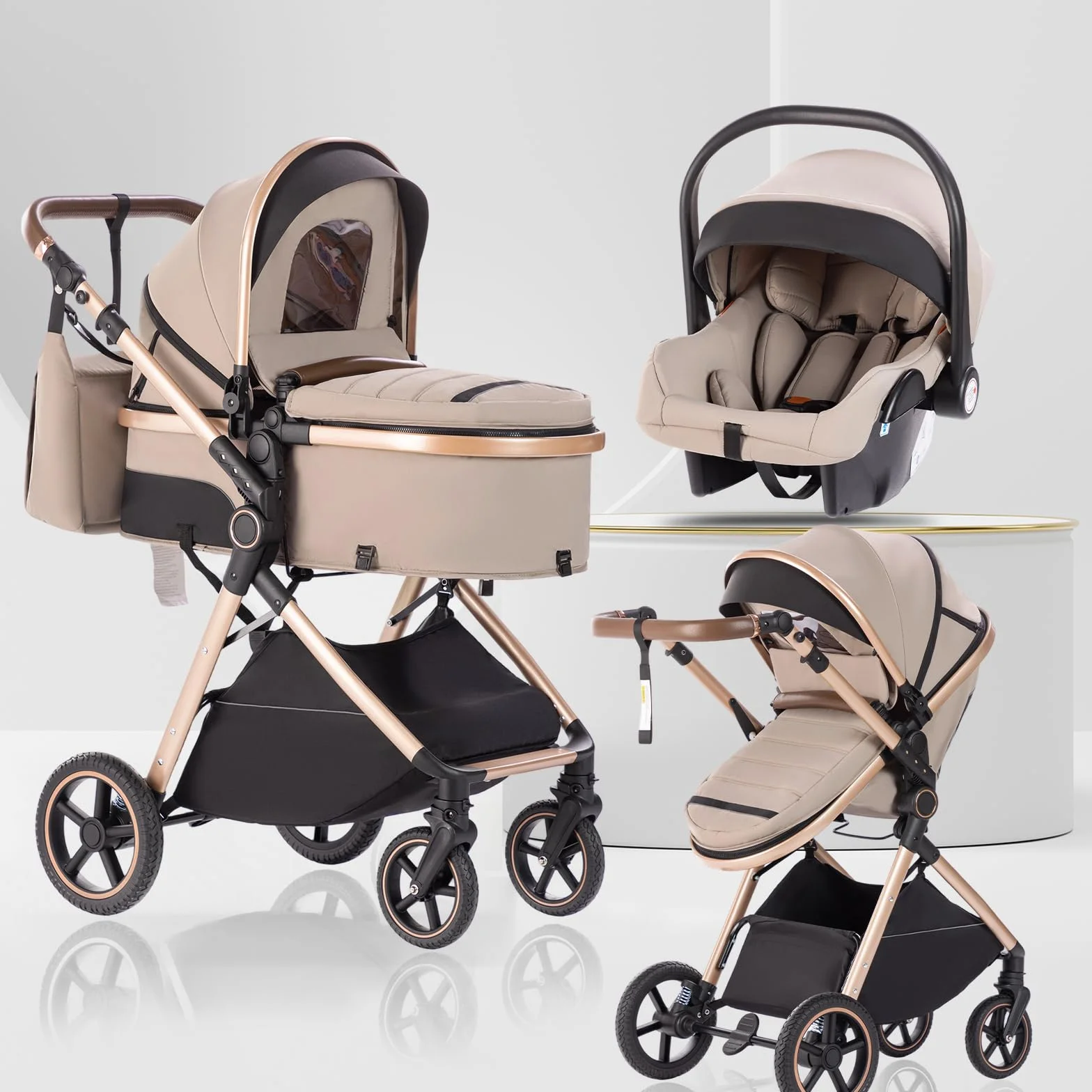 Poussette 3 en 1 avec Nacelle Pliable, Trio Poignée Réglable, Roues PU, pour Enfant de 0 à 3 Ans - Kaki Beige