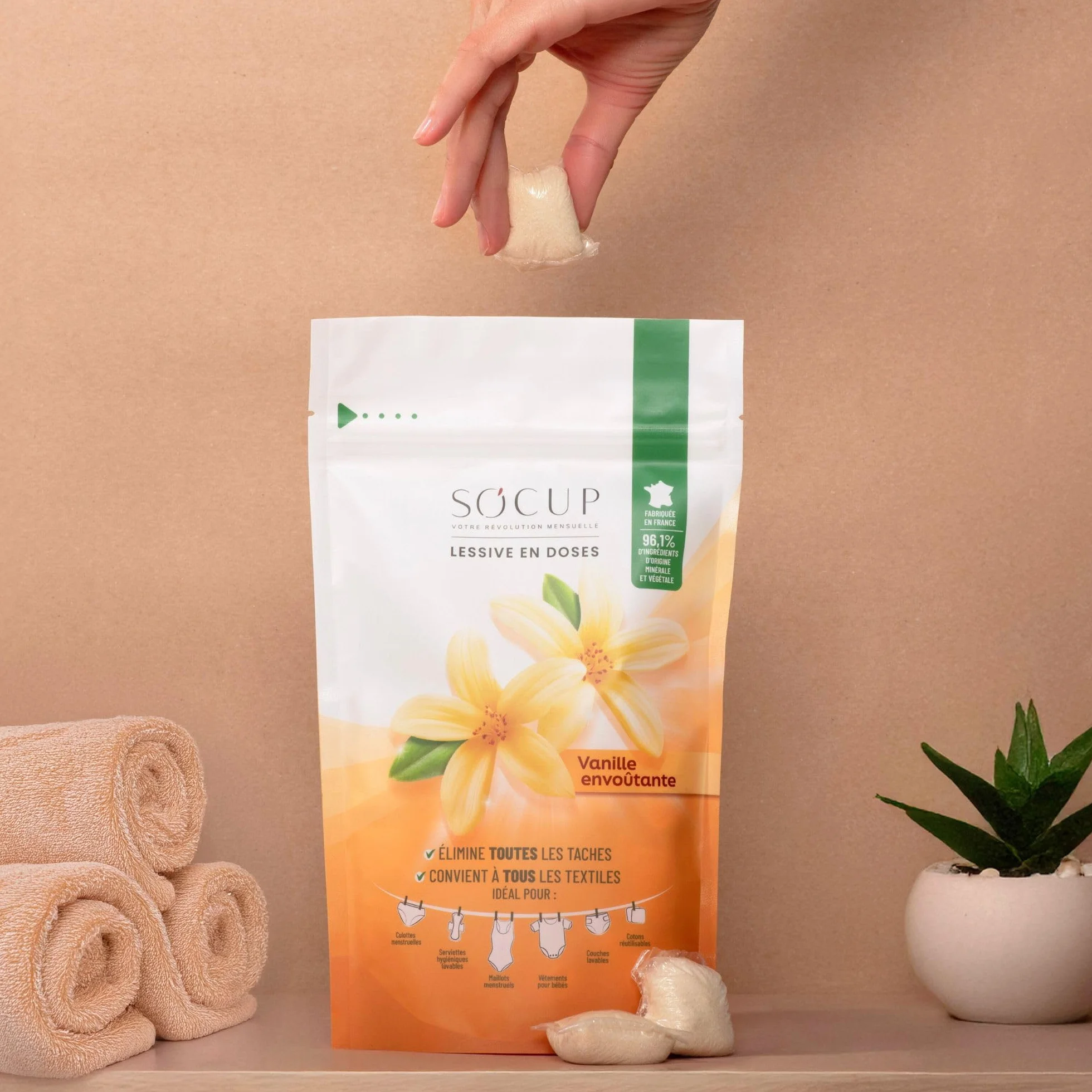 Lessive en Doses pour Culottes Menstruelles, Maillot de Bain Menstruel, Serviettes Hygiéniques et Couches Lavables Vanille Envoûtante 96% d'origine minérale et végétale