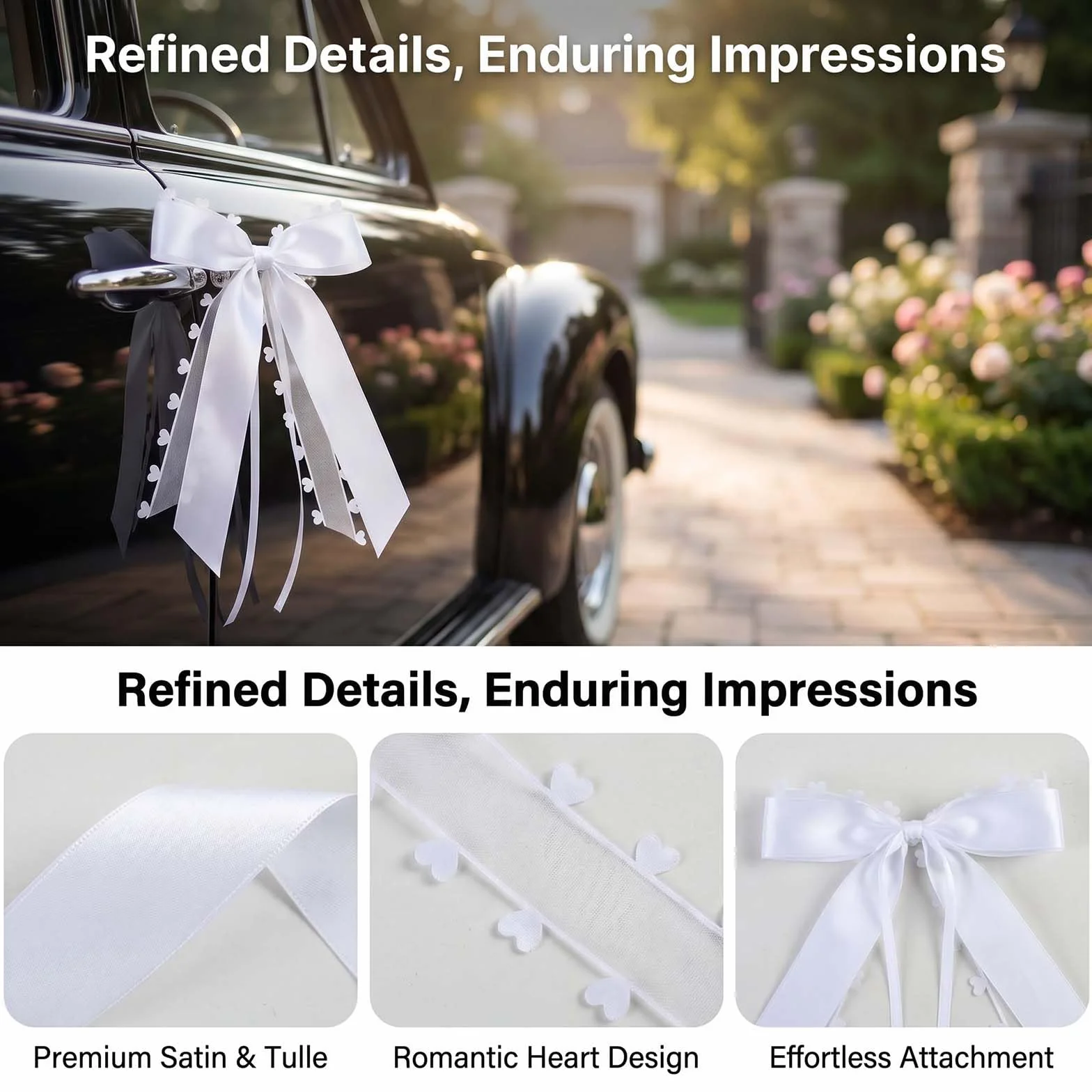 Noeud Voiture Mariage Fait à la Main en Ruban de Satin avec Cœurs Blanc - Décoration Polyvalente 25x13cm