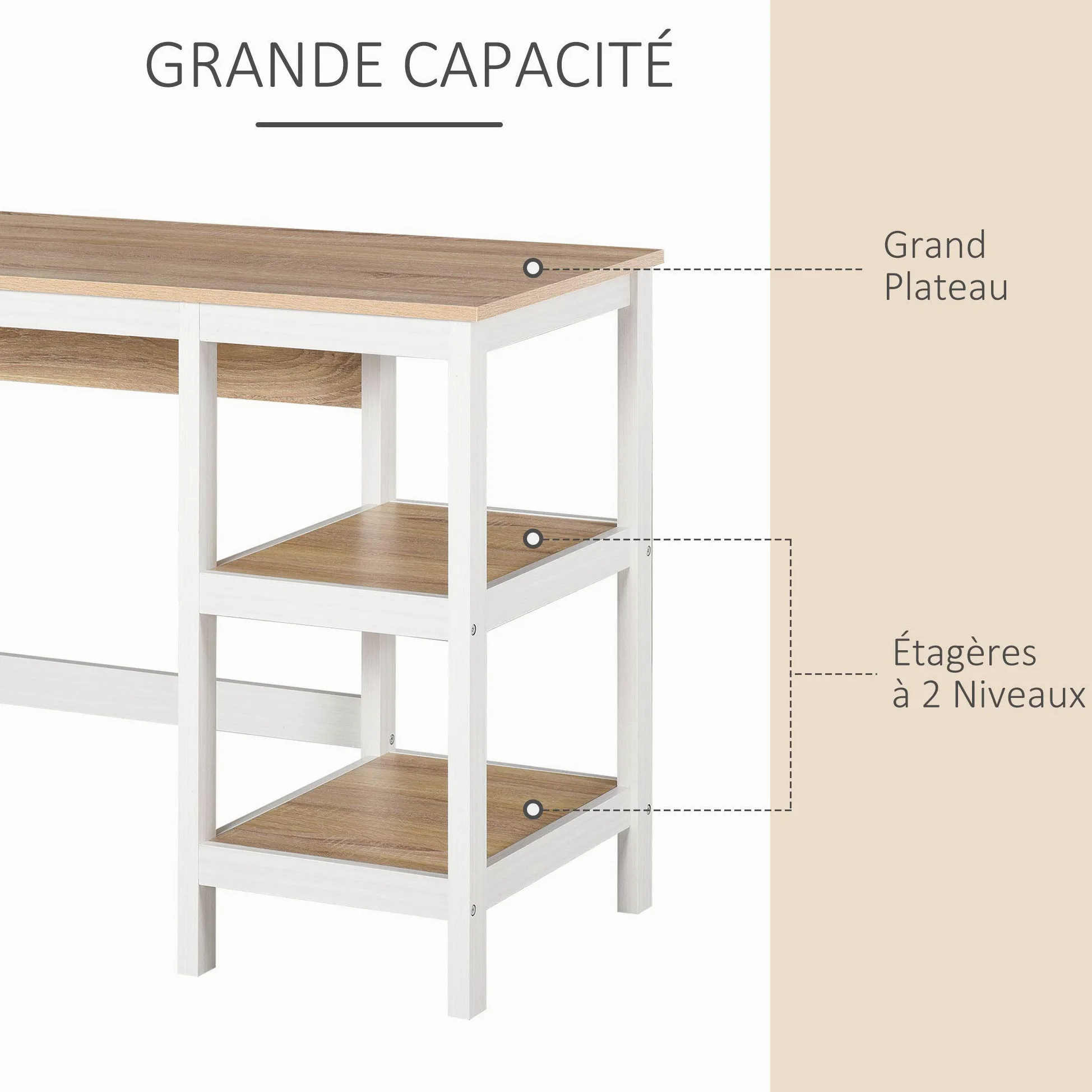 HOMCOM Bureau Informatique Multimédia 110Lx48lx76H cm Chêne Clair Blanc | 2 Étagères Latérales, MDF E1, Bureau Avec Rangement