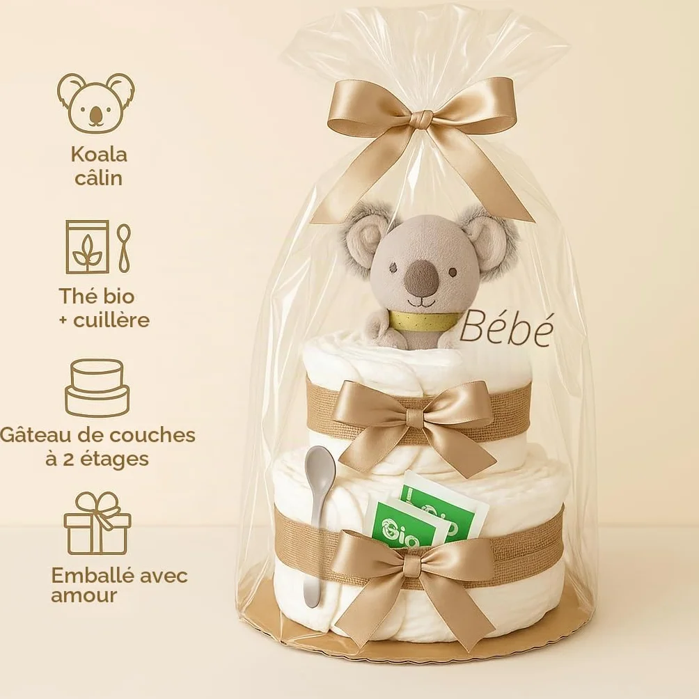 Gâteau à couches koala Greifling Boho Vintage fait à la main Cadeau de naissance pince thé bio bébé