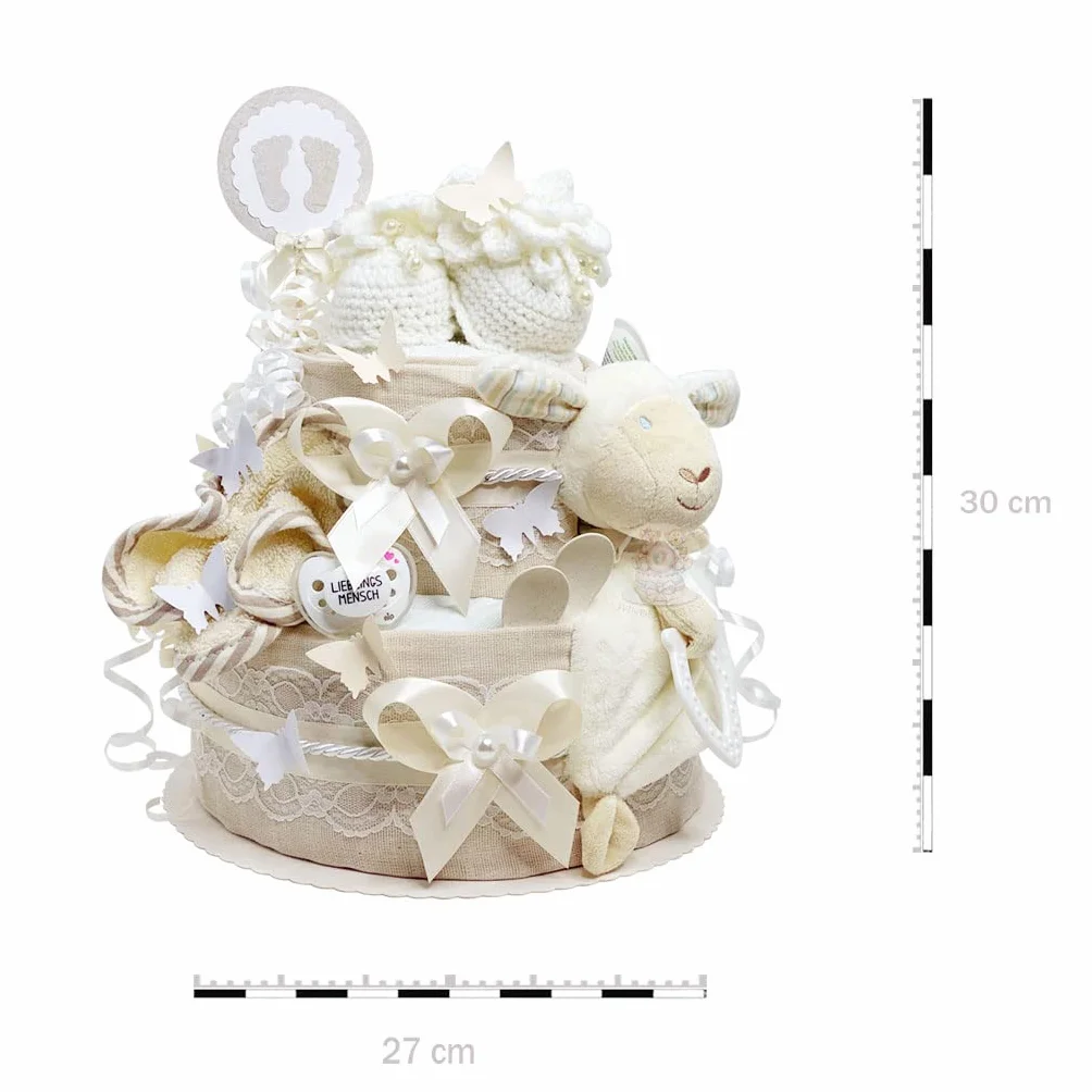 MomsStory Gâteau de Couches Neutre Mouton 2 Étages Beige Cadeau Naissance Baby Shower