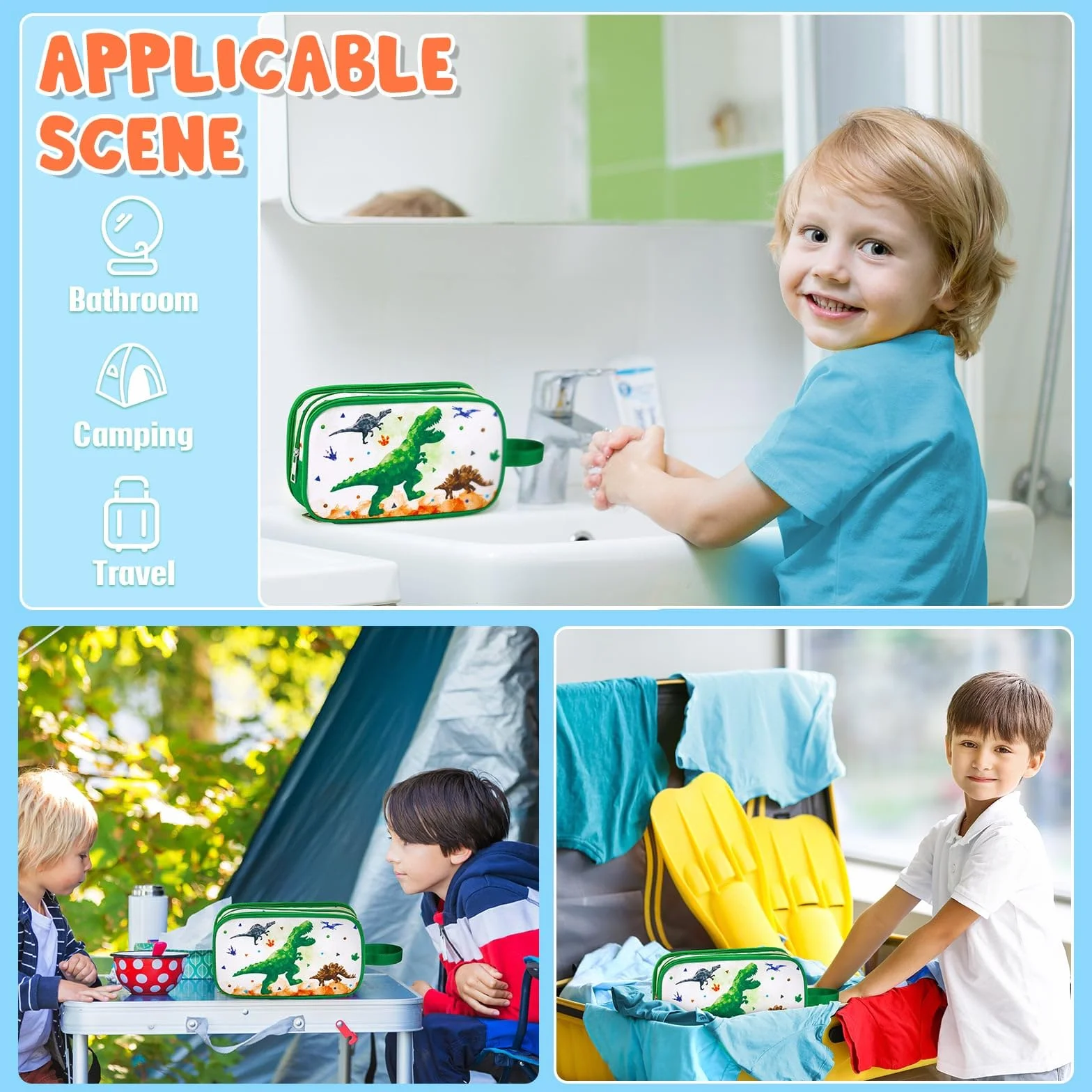 WAWSAM Trousse de Toilette Enfant Dinosaure Sac de Toilettes Résistant à l'eau Portable Voyage