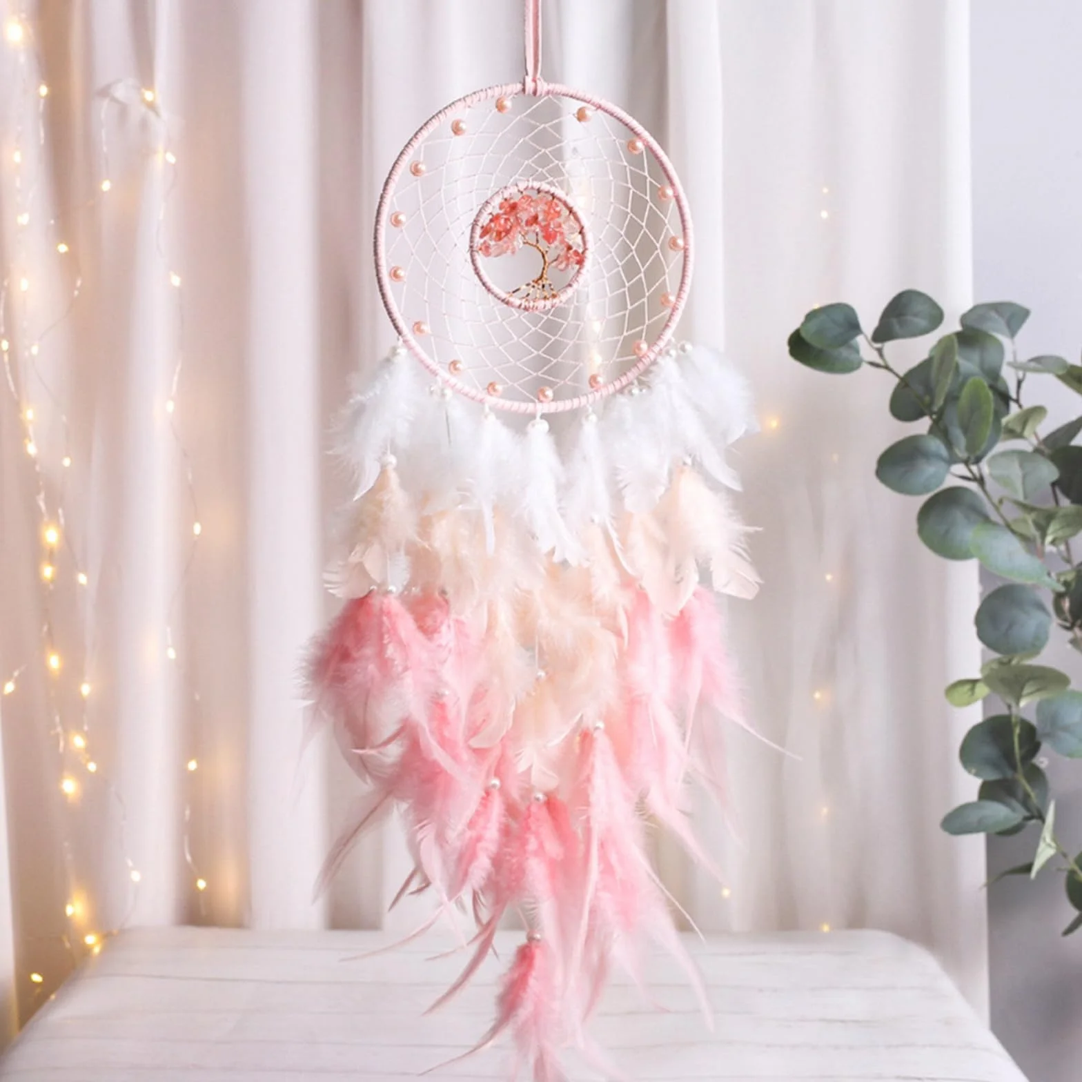 Attrape-rêves rose macramé cristaux résistant UV extérieur décoration bohème