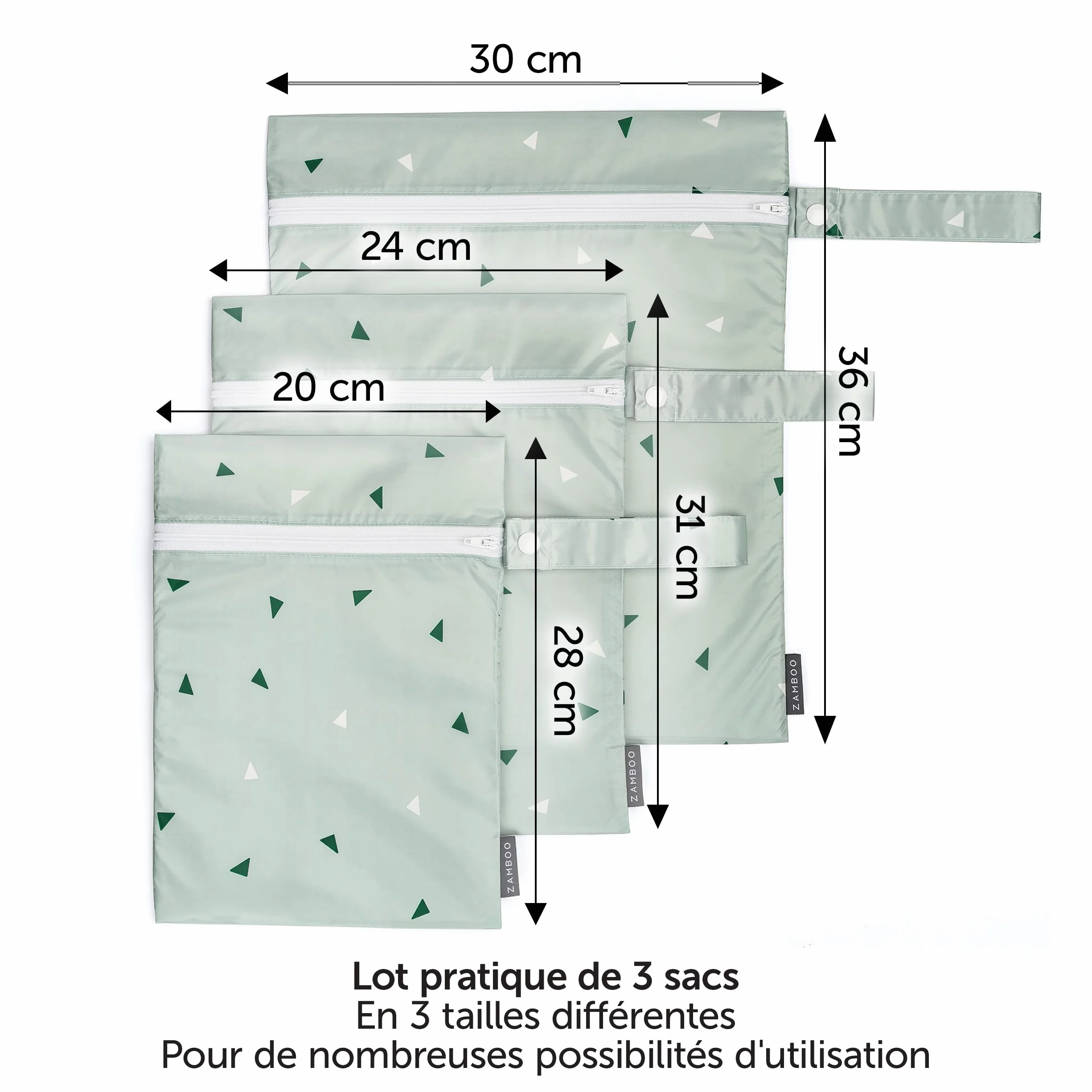 ZAMBOO Sac a Couches Bebe 3 pièces Lot de Pochettes pour Couche Lavable et Change Bébé Fermeture Éclair Boucle Oeko-TEX 100 Vert