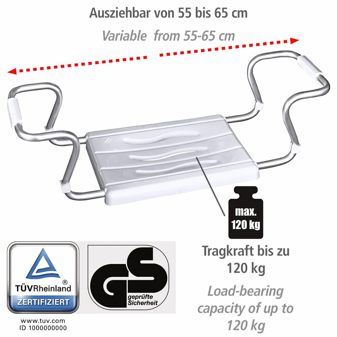 WENKO Siège de baignoire Secura | Aide bain senior avec structure aluminium réglable | Capacité 120 kg | 55-65 x 18 x 26 cm | Blanc aluminium