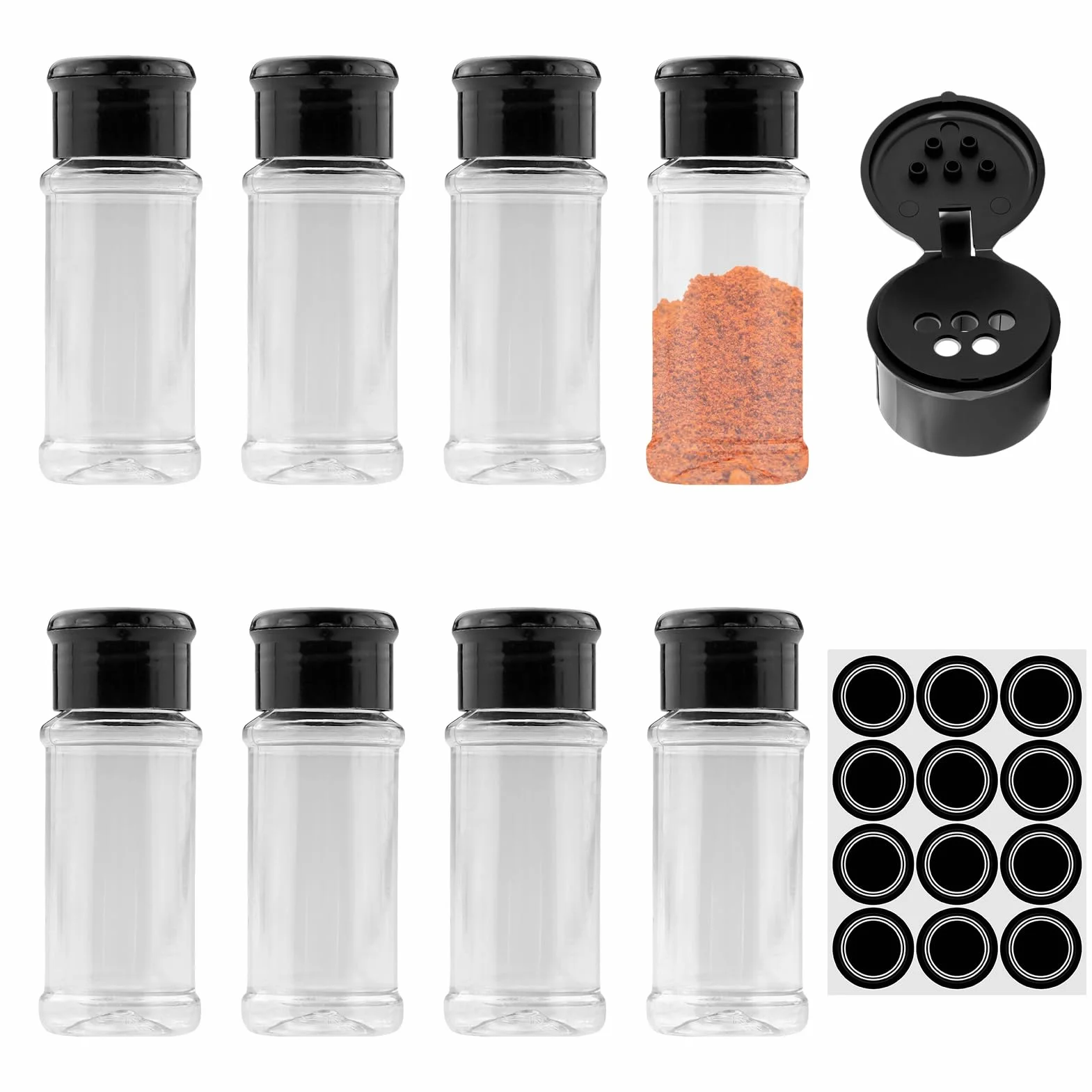 Lot de 8 Pots à Épices Plastique avec Étiquette 100ML - Bocaux Rangement Cuisine